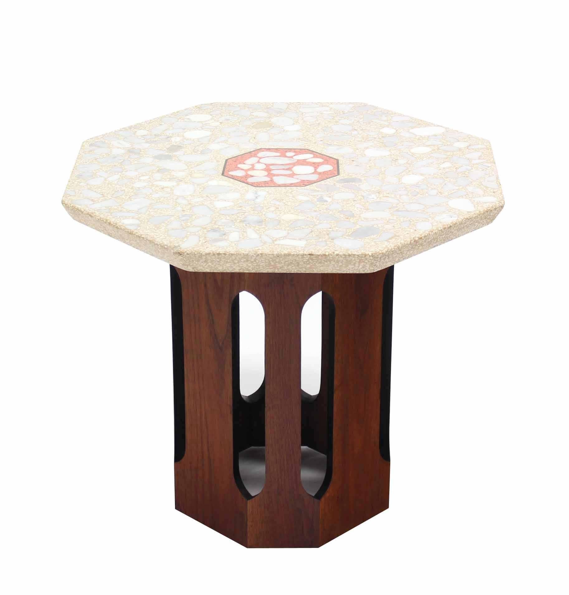 Mid-Century Modern Pair of Octagon Shape Travertine Terrazzo Top End or Side Table on Walnut Bases For Sale