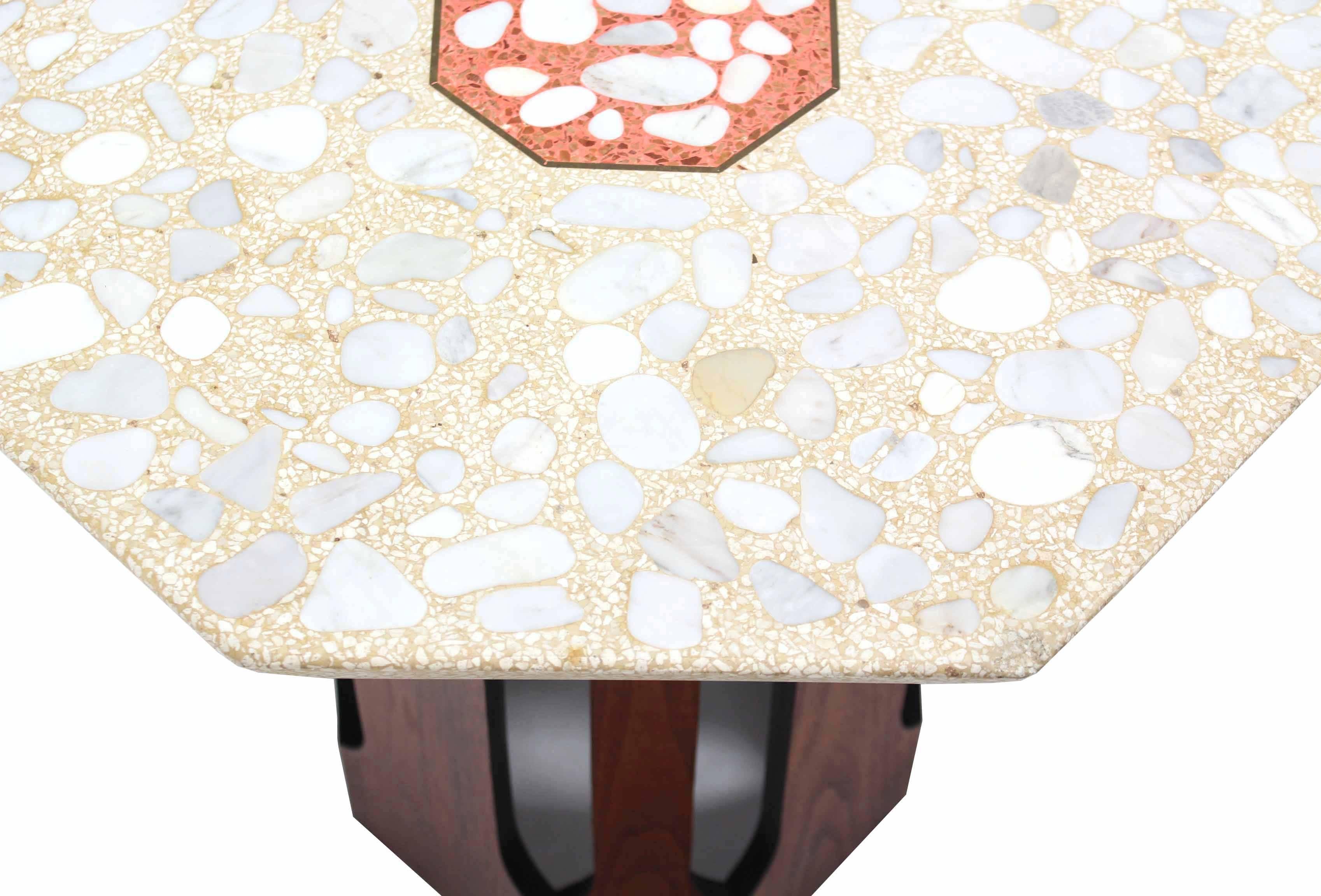 American Pair of Octagon Shape Travertine Terrazzo Top End or Side Table on Walnut Bases For Sale
