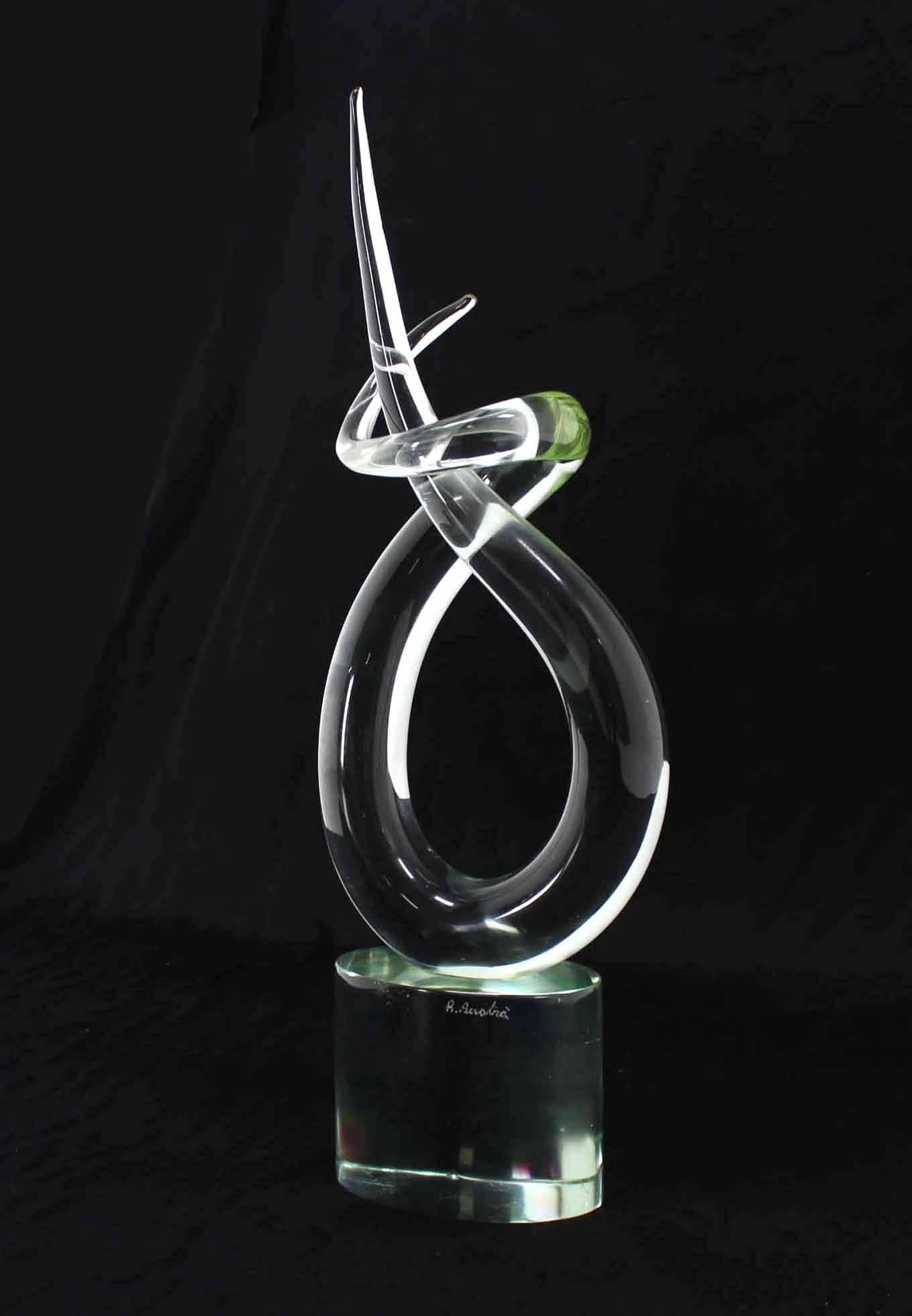 Twisted Horn Italian Glass Sculpture on Heavy Oval Base Signed For Sale 1