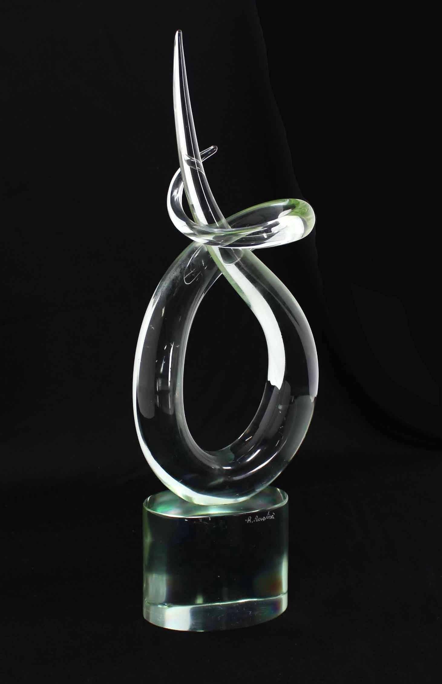 Twisted Horn Italian Glass Sculpture on Heavy Oval Base Signed In Excellent Condition For Sale In Rockaway, NJ