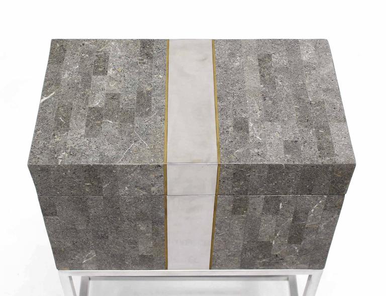 American Mid Century Modern Tessellated Stone Chest Small Trunk on Base by Maitland Smith For Sale