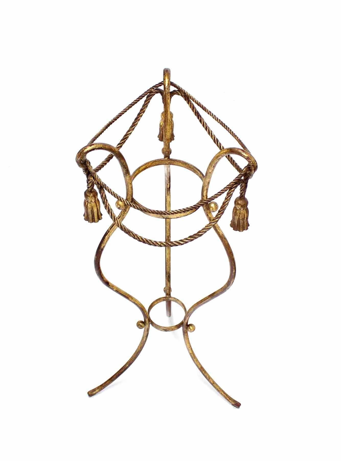 Decorative Midcentury Italian Gilt Metal Rope and Tassel Plant Stand Planter In Excellent Condition In Rockaway, NJ