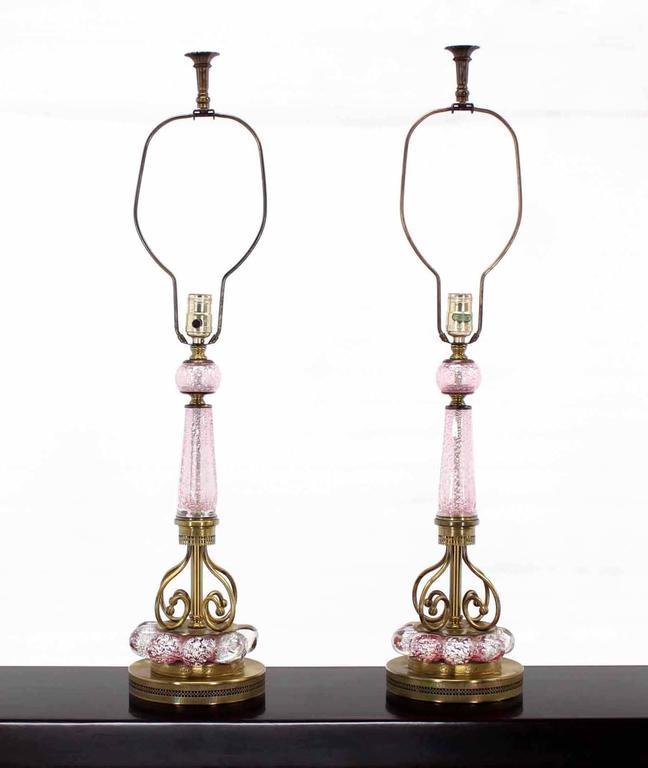 American Pair of Pink Murano Glass and Brass Table Lamps For Sale