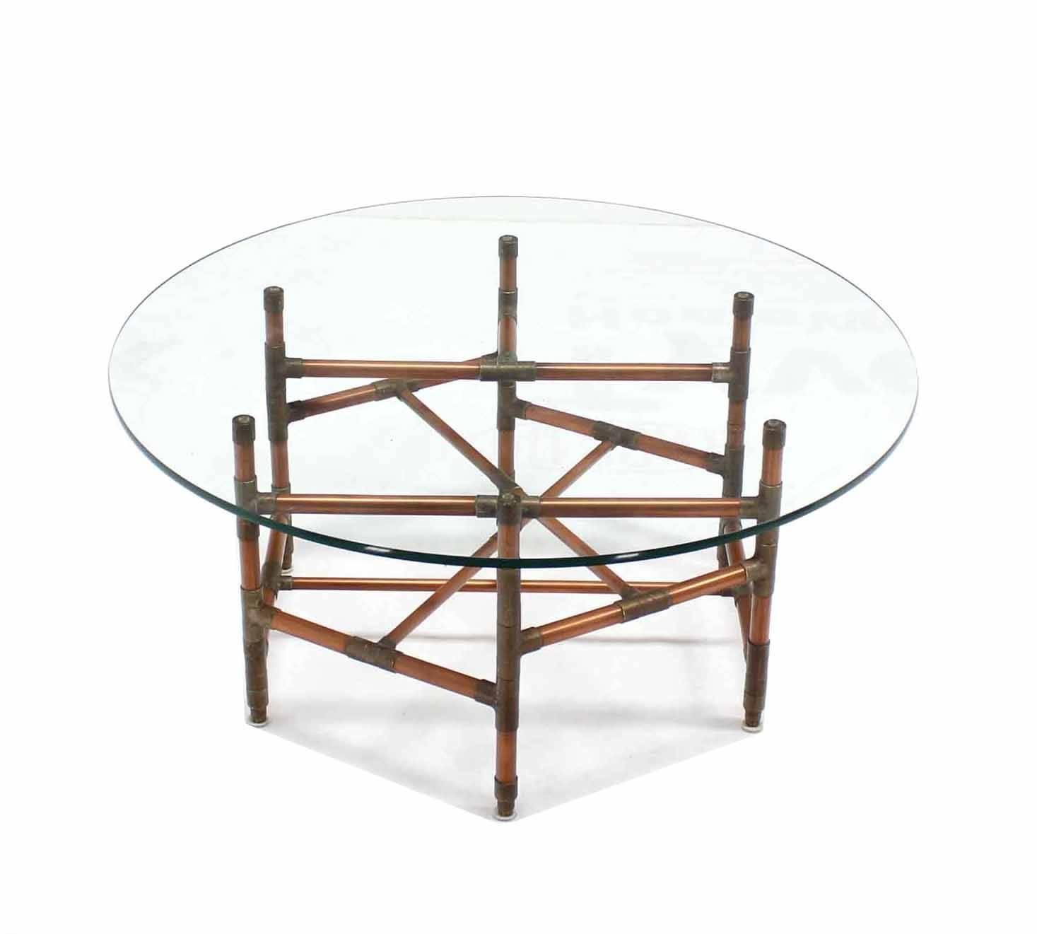 Mid-Century Modern Copper Pipe and Fitting Sculpture Base Round Glass Top Coffee Table For Sale
