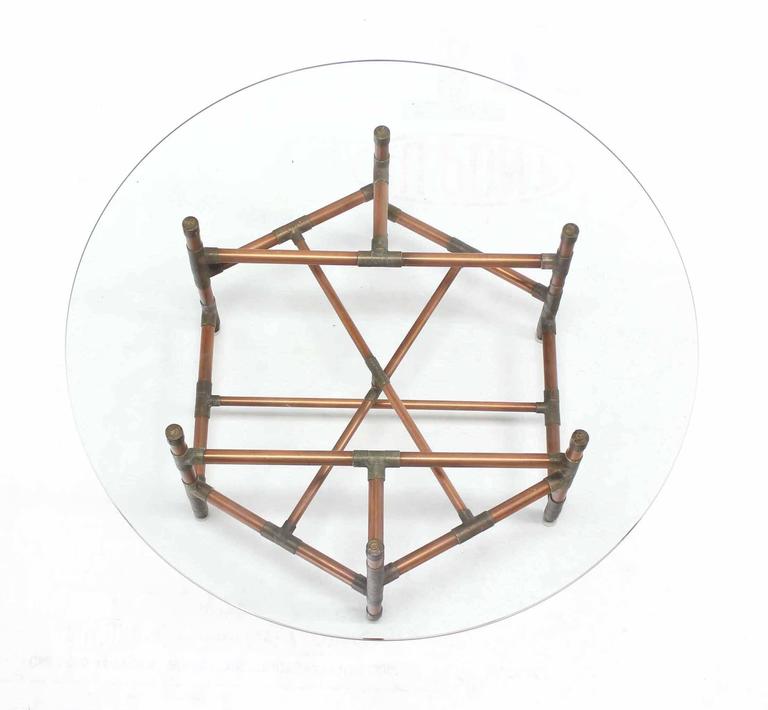 Copper Pipe and Fitting Sculpture Base Round Glass Top Coffee Table For