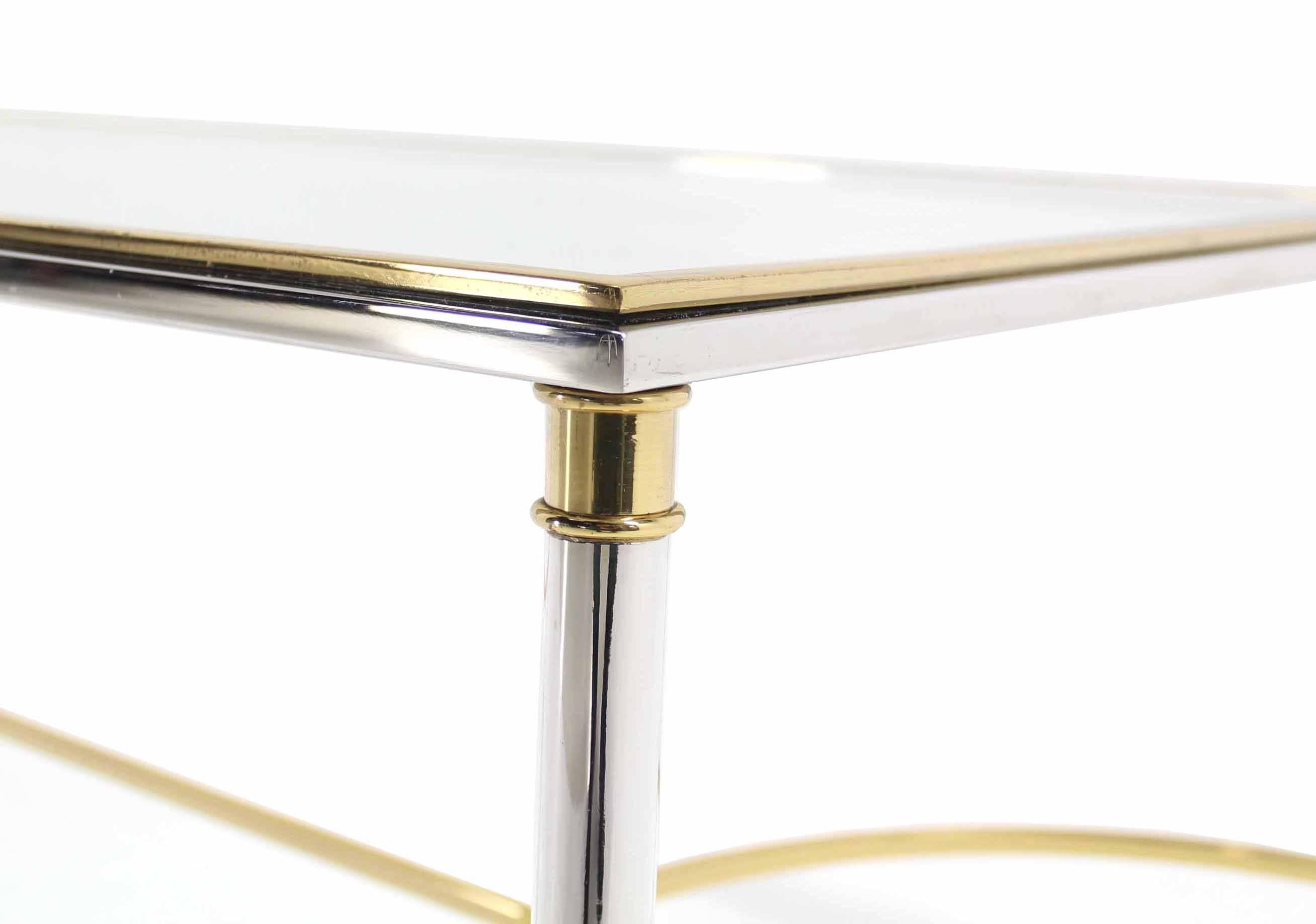 20th Century Brass Chrome Glass-Top Coffee Table U Shape Brass Stretchers