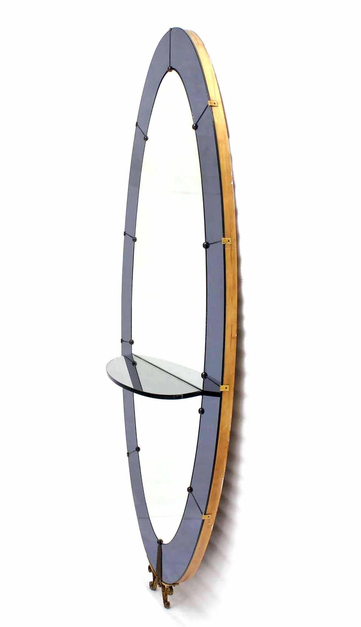 Polished Large Seven Feet Tall Oval Cheval Art Deco Floor Mirror with Shelf Vanity
