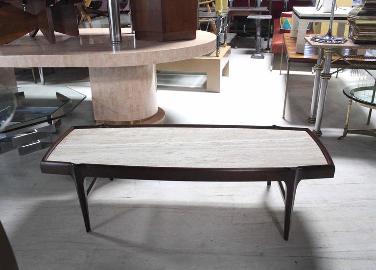 Travertine Top Walnut Frame Mid Century Modern Boat Shape Coffee Table