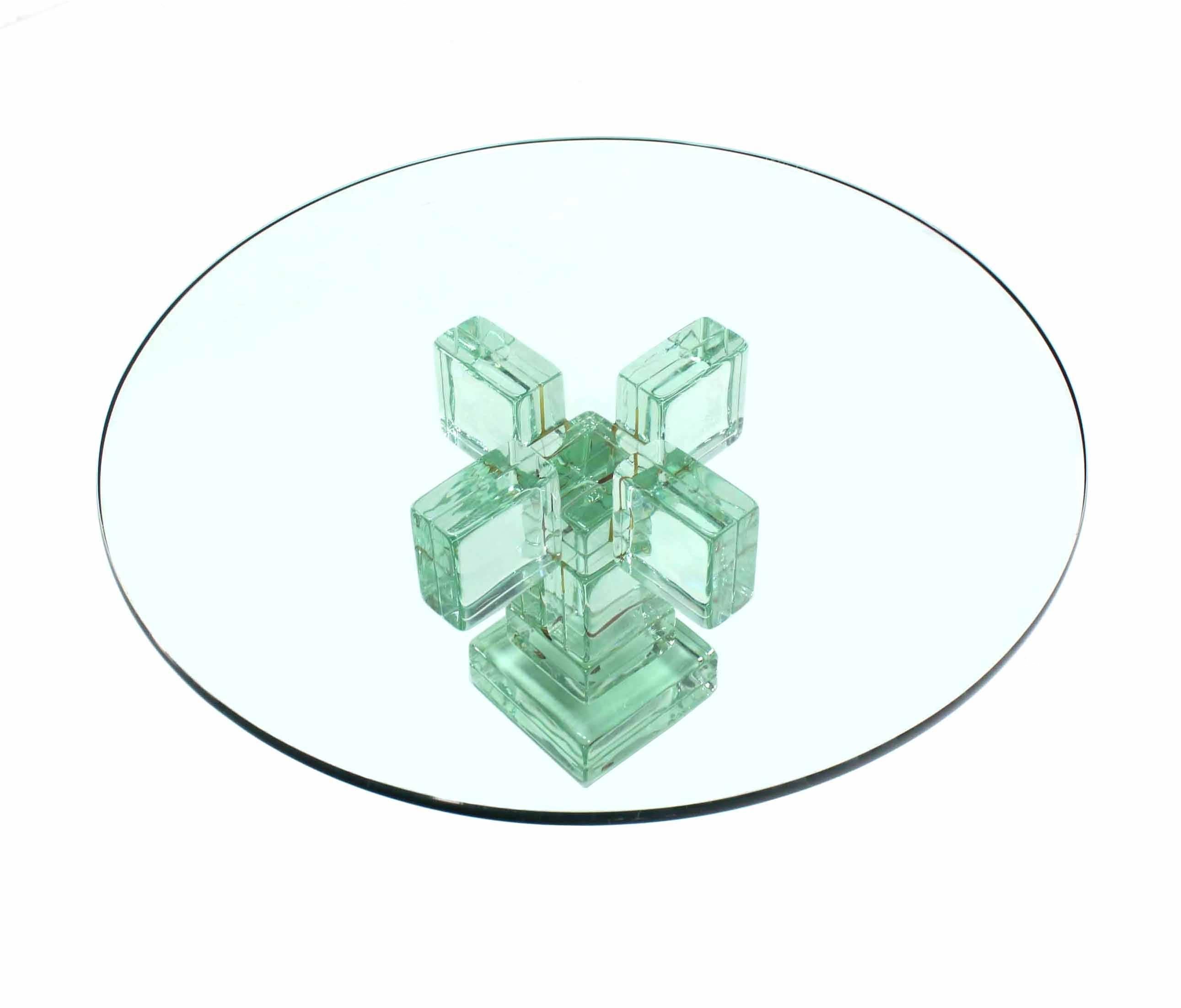 Unusual modern sculptural base made out of pale green glass block coffee table. Imperial Imagineering