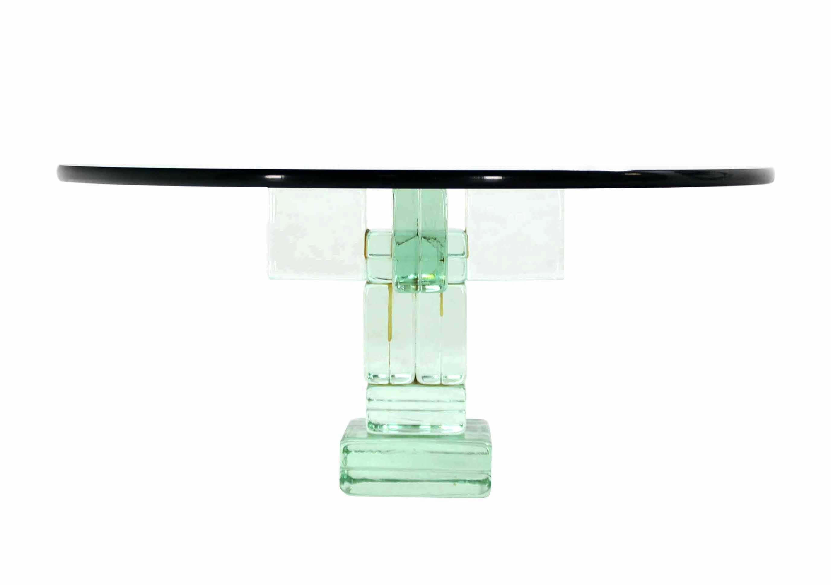 Mid-Century Modern Iridescent Glass Block Base Round Coffee Table