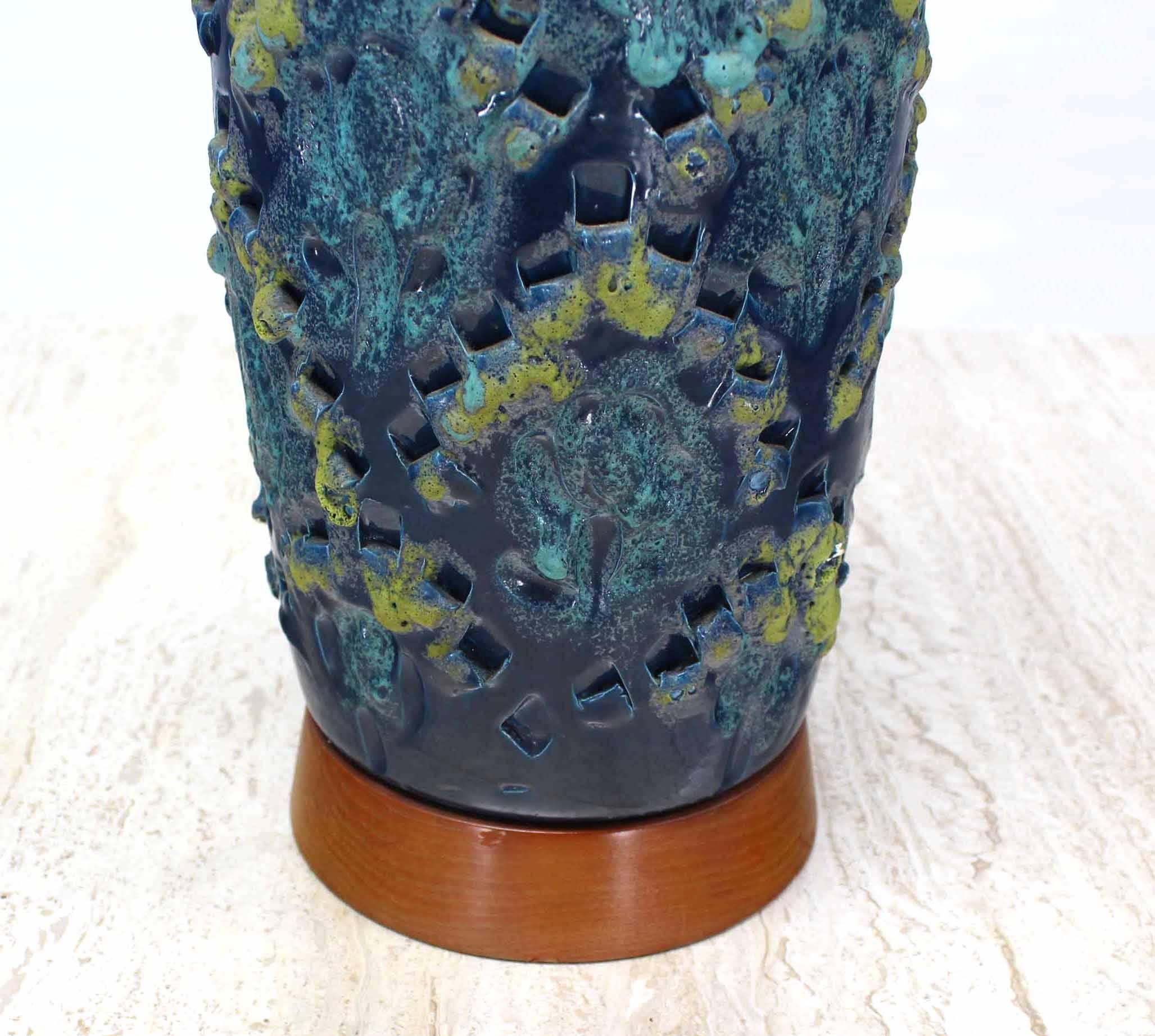 Fired Large Mid Century Modern Turquoise Terra-cotta Glazed Table Lamp For Sale