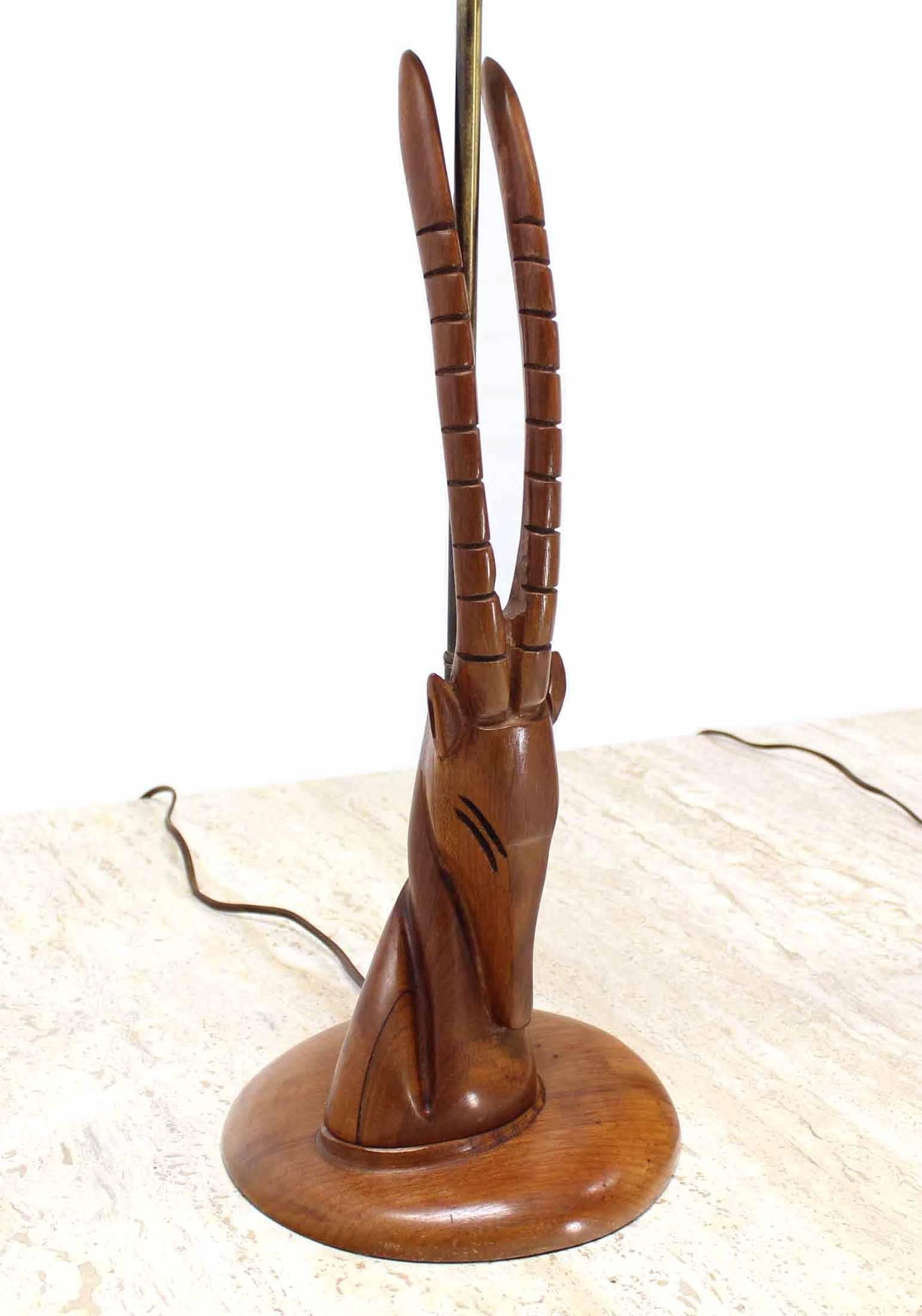 Mid-Century Modern Pair of Sculptural Carved Wood Gazelle Motive Walnut Table Lamps For Sale