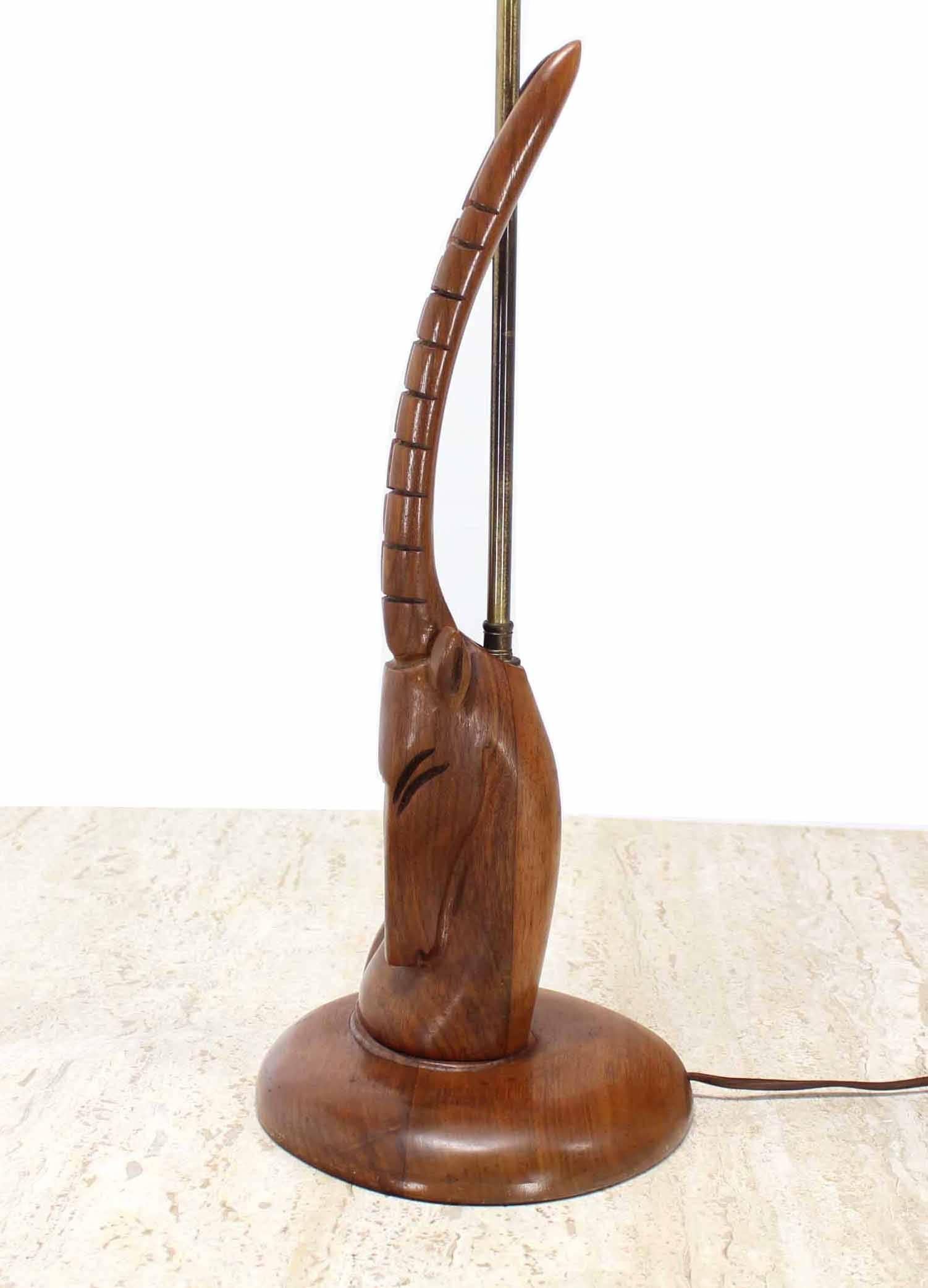 Pair of Sculptural Carved Wood Gazelle Motive Walnut Table Lamps In Excellent Condition For Sale In Rockaway, NJ