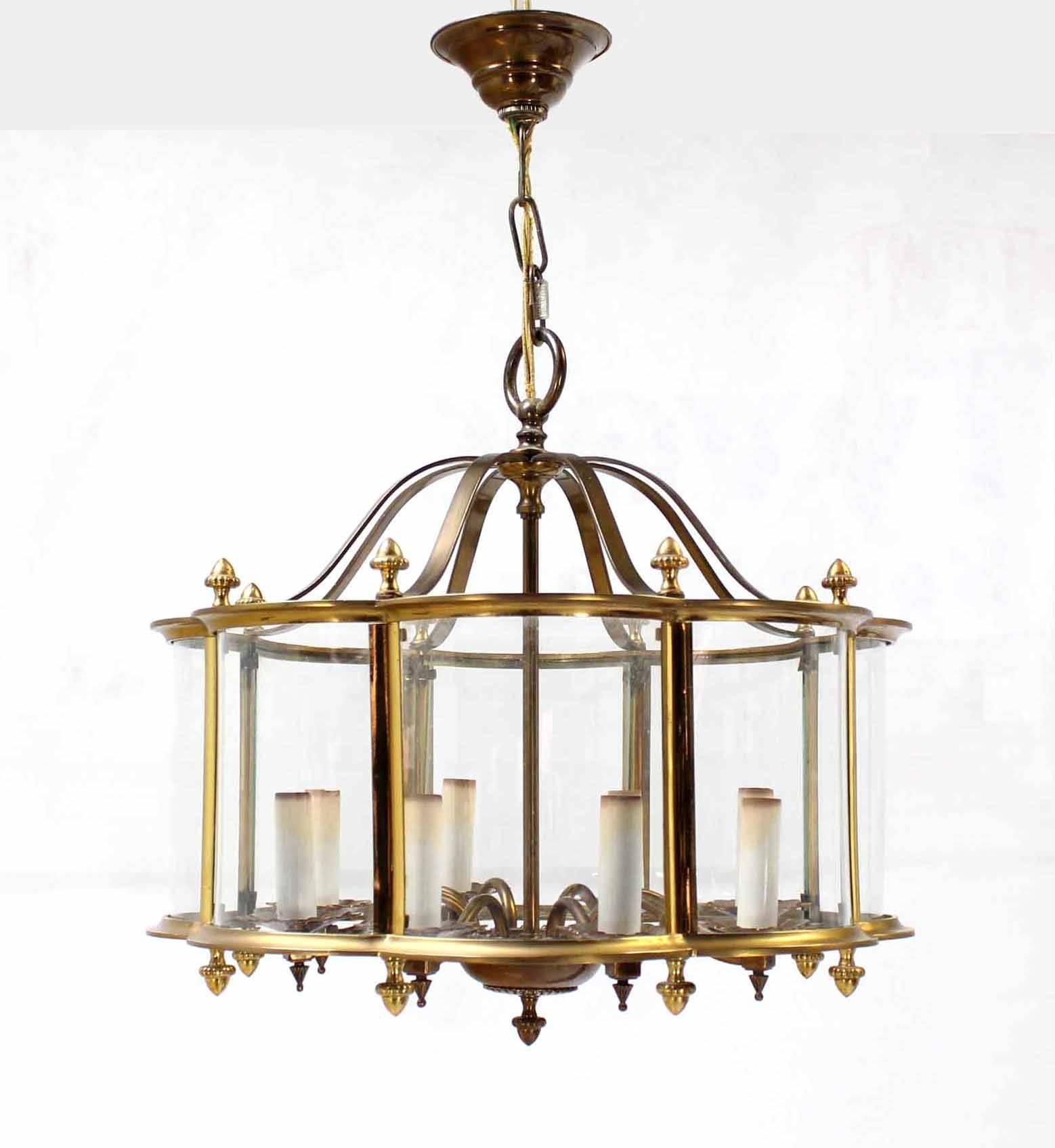Mid Century Brass Chandelier with Curved Glass Shade 2
