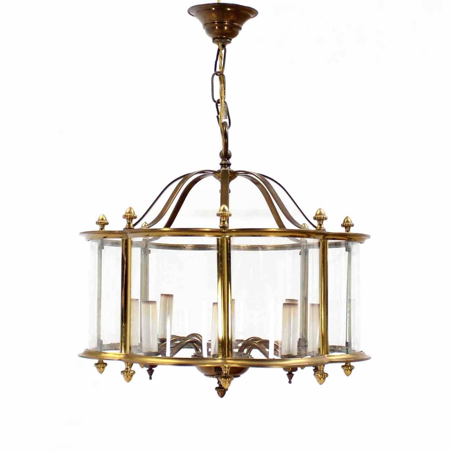 American Mid Century Brass Chandelier with Curved Glass Shade
