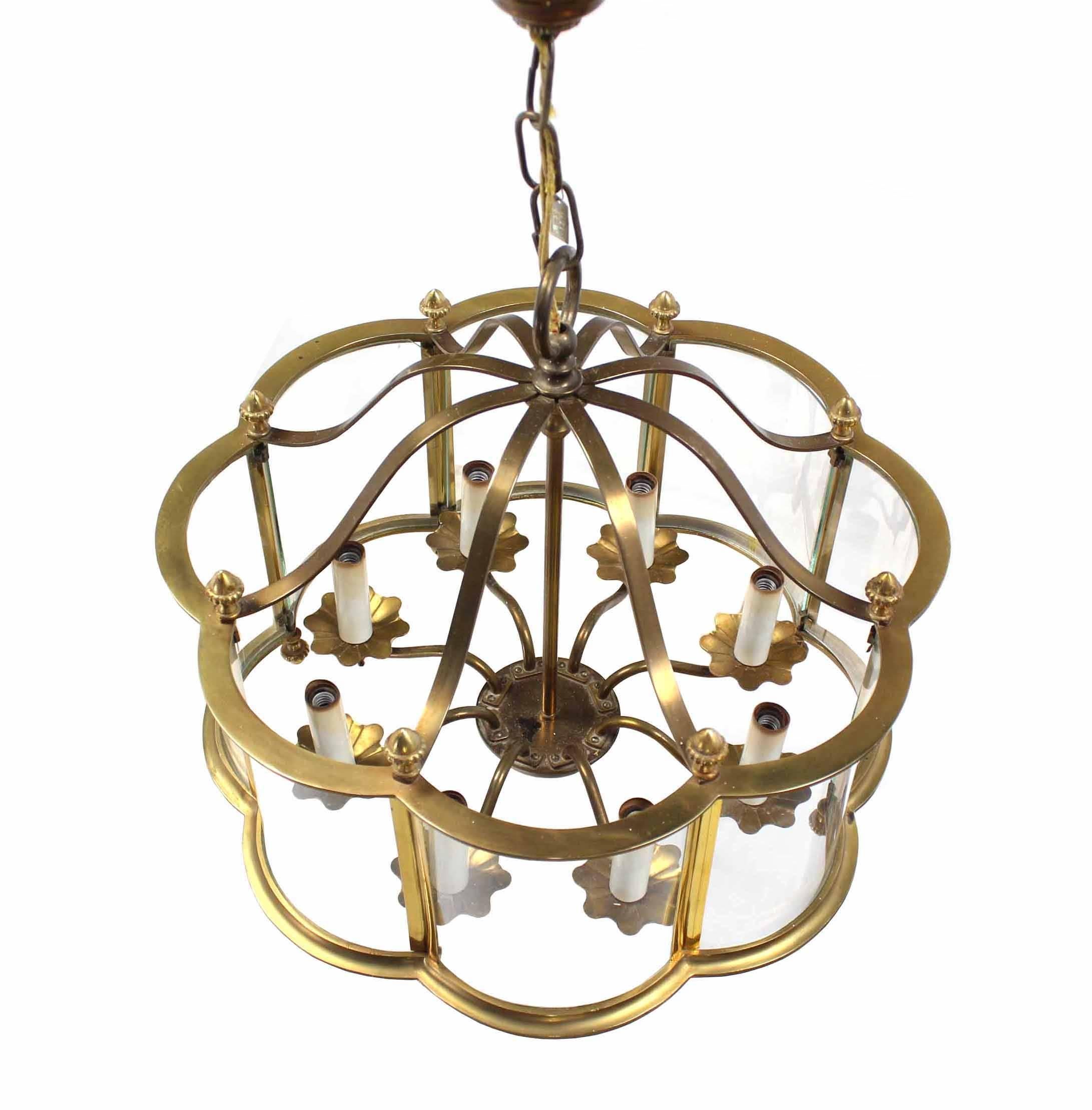 Mid Century Brass Chandelier with Curved Glass Shade In Excellent Condition In Rockaway, NJ