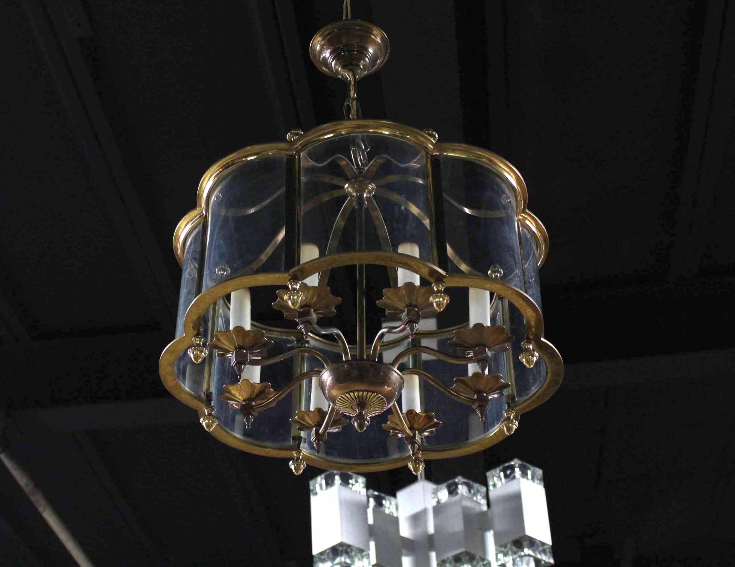 20th Century Mid Century Brass Chandelier with Curved Glass Shade