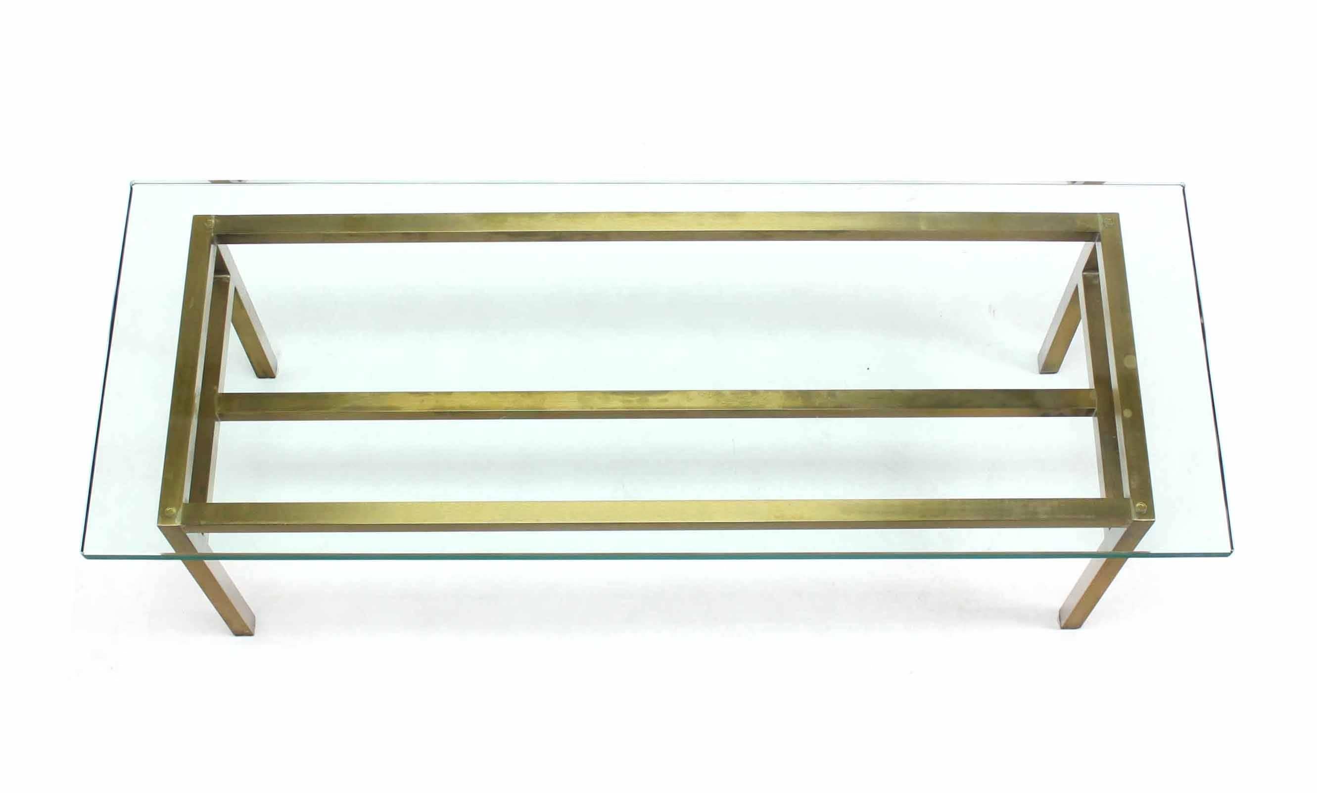 Soldered Square Solid Brass Bar Rectangular Coffee Table Thick Glass Top In Excellent Condition In Rockaway, NJ