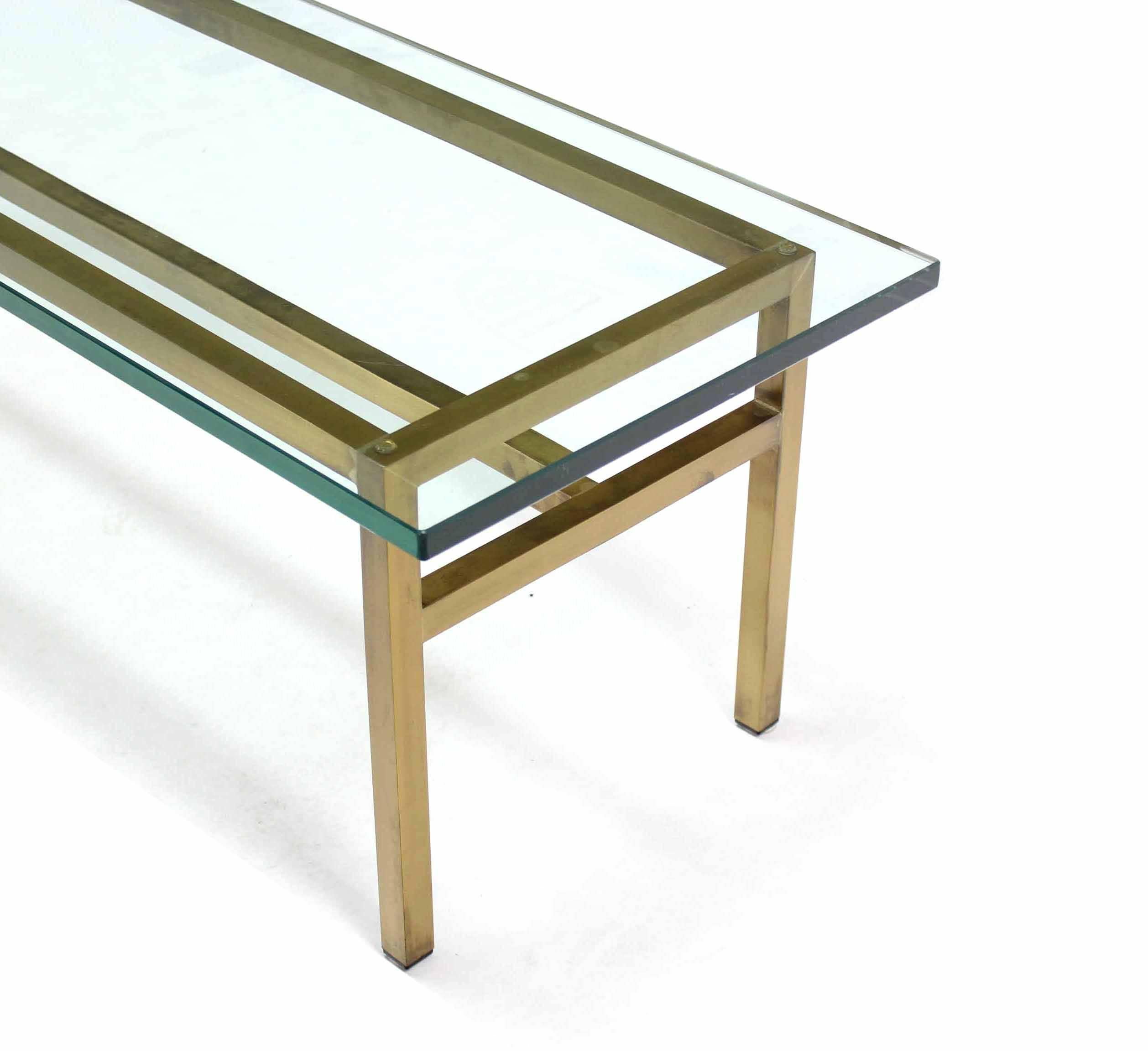 Mid-Century Modern Soldered Square Solid Brass Bar Rectangular Coffee Table Thick Glass Top