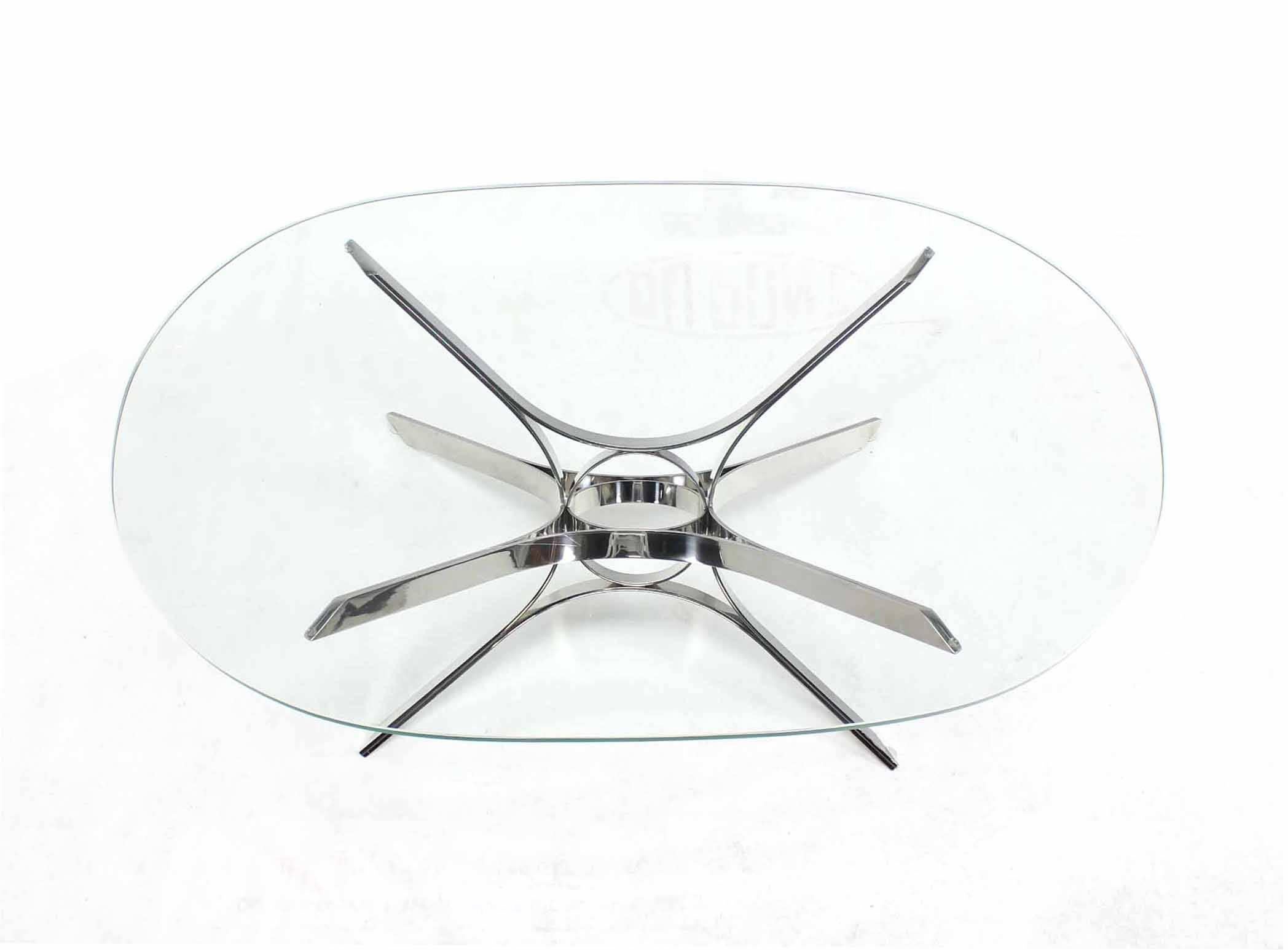 20th Century Stainless Steel Ribbon Star Sculpture Base Oval Coffee Table Glass Top