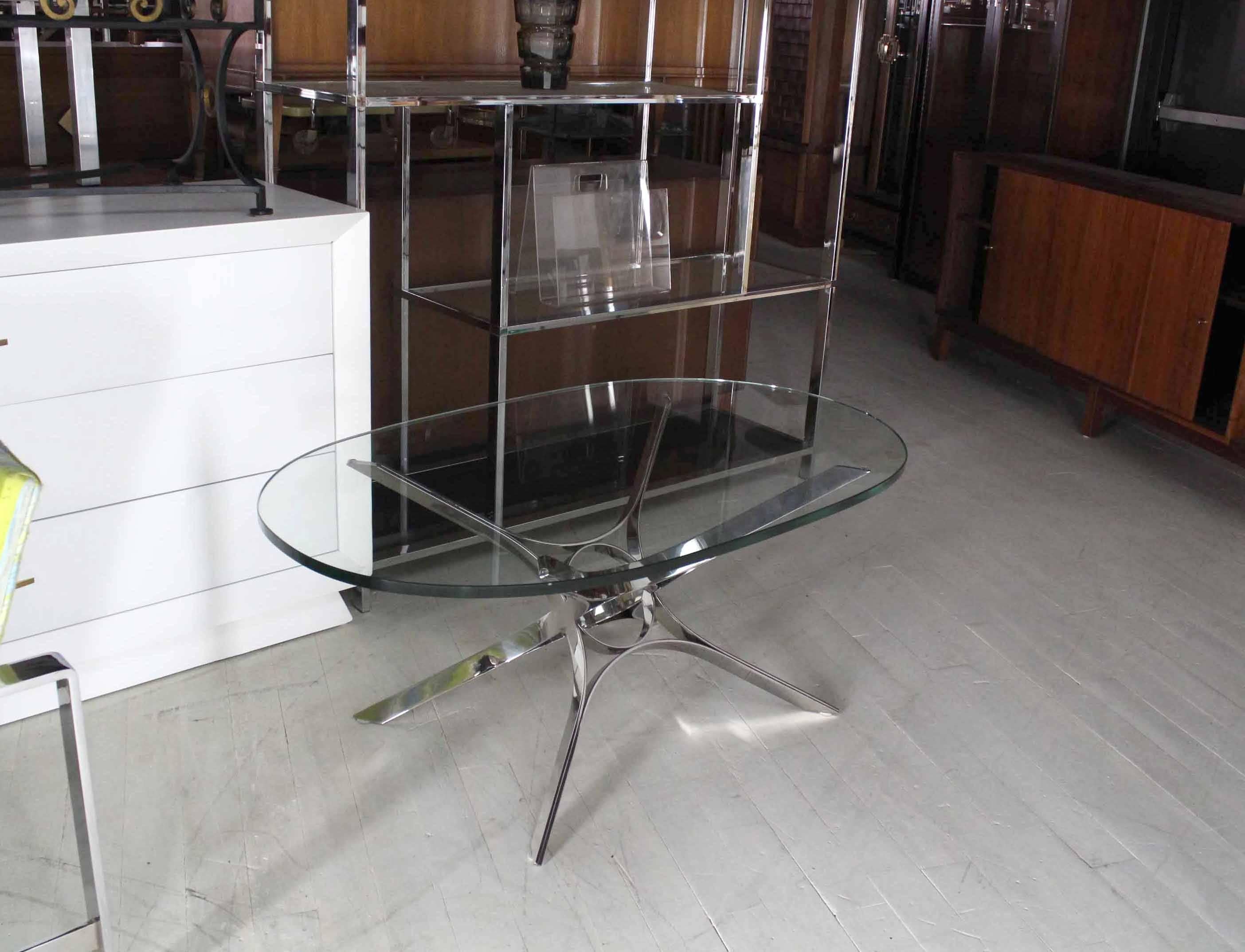 Mid-Century Modern Stainless Steel Ribbon Star Sculpture Base Oval Coffee Table Glass Top