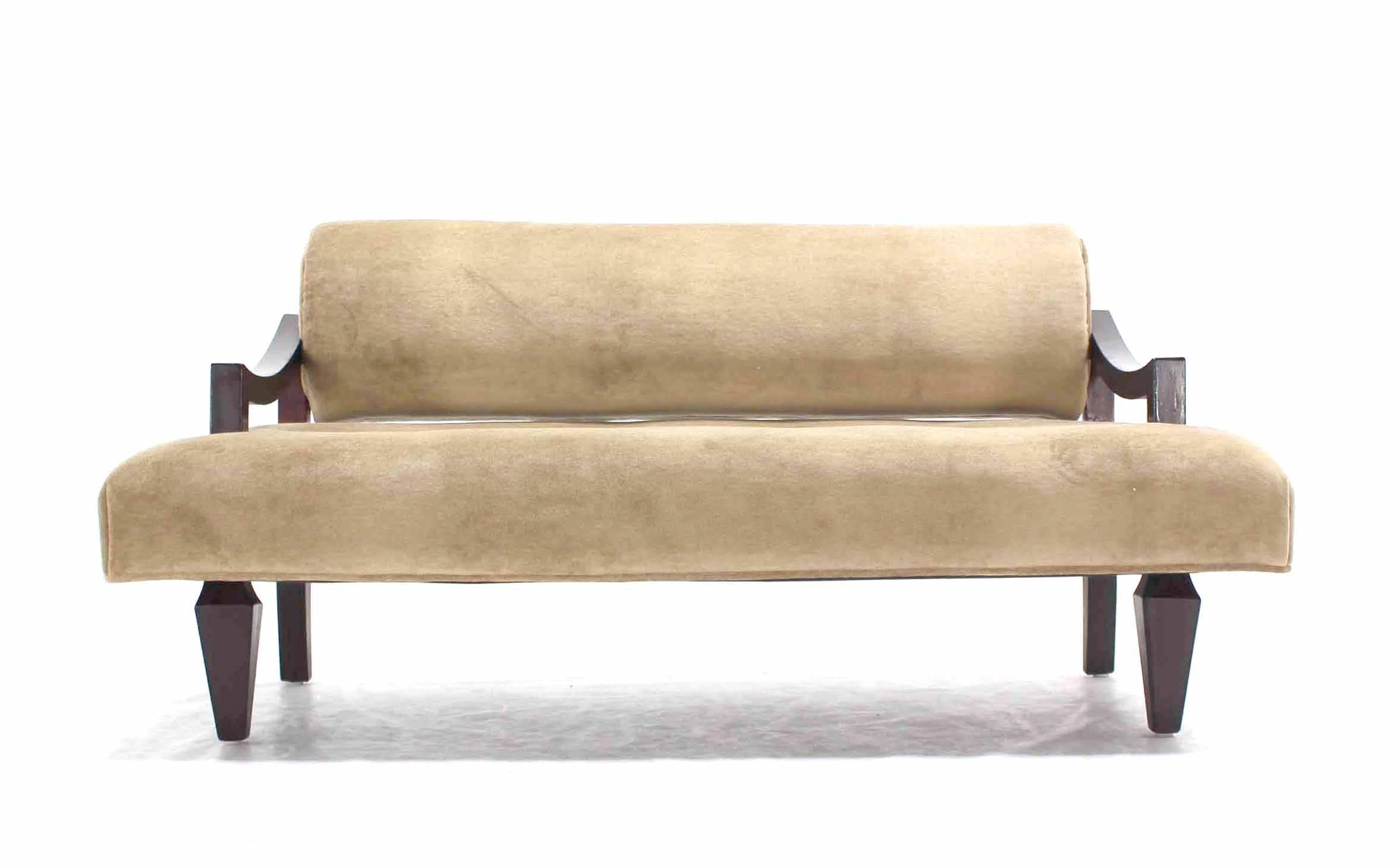Lacquered Mid Century Loveseat Settee Newly Upholstered in Camel Mohair