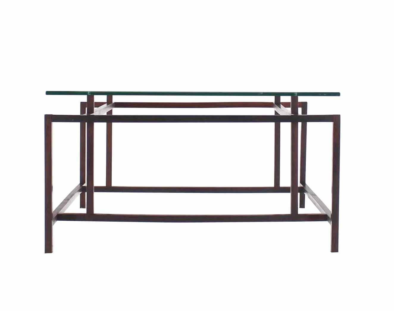 Lacquered Square Rosewood Geometrical Base Glass Top Mid-Century Modern Coffee Table For Sale