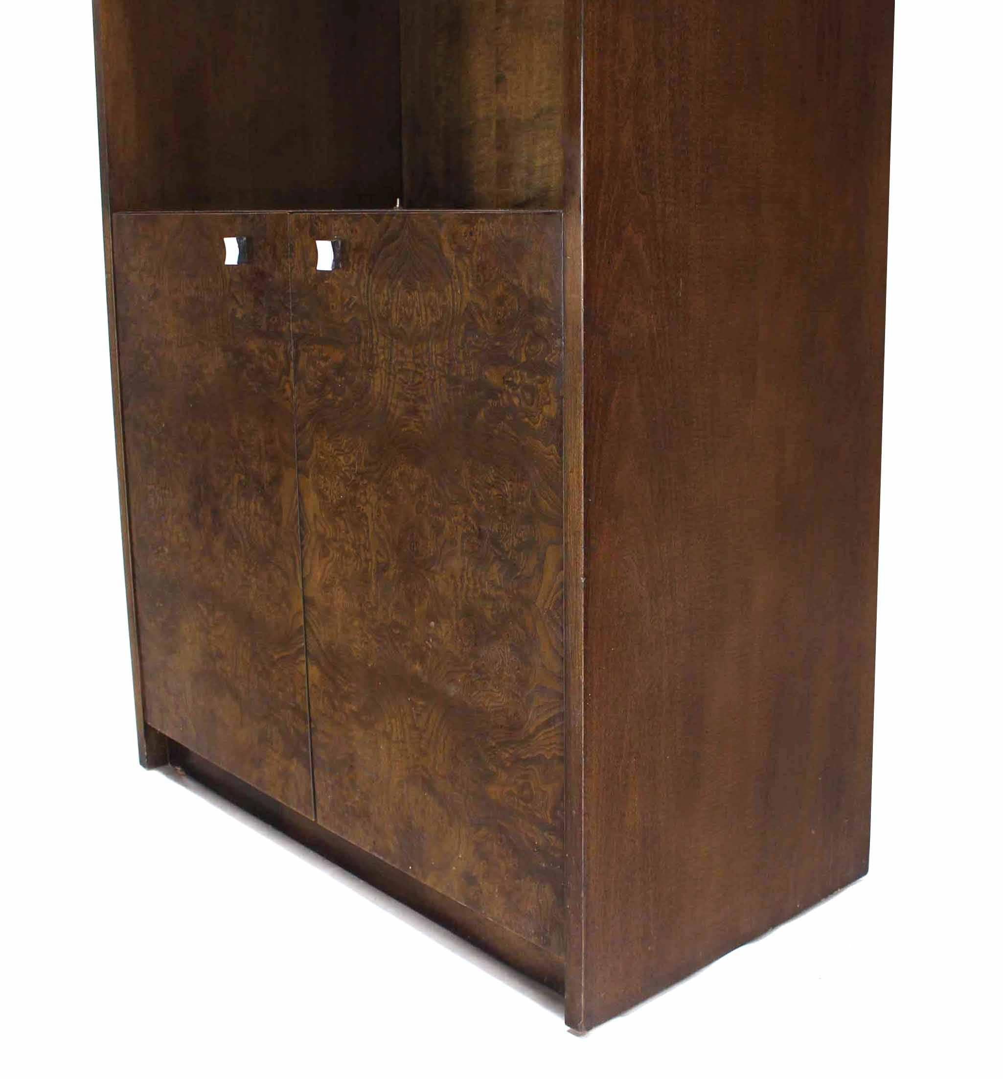 American Pair of Burl Walnut Wall Unit Pieces w/ Interior Lights  For Sale