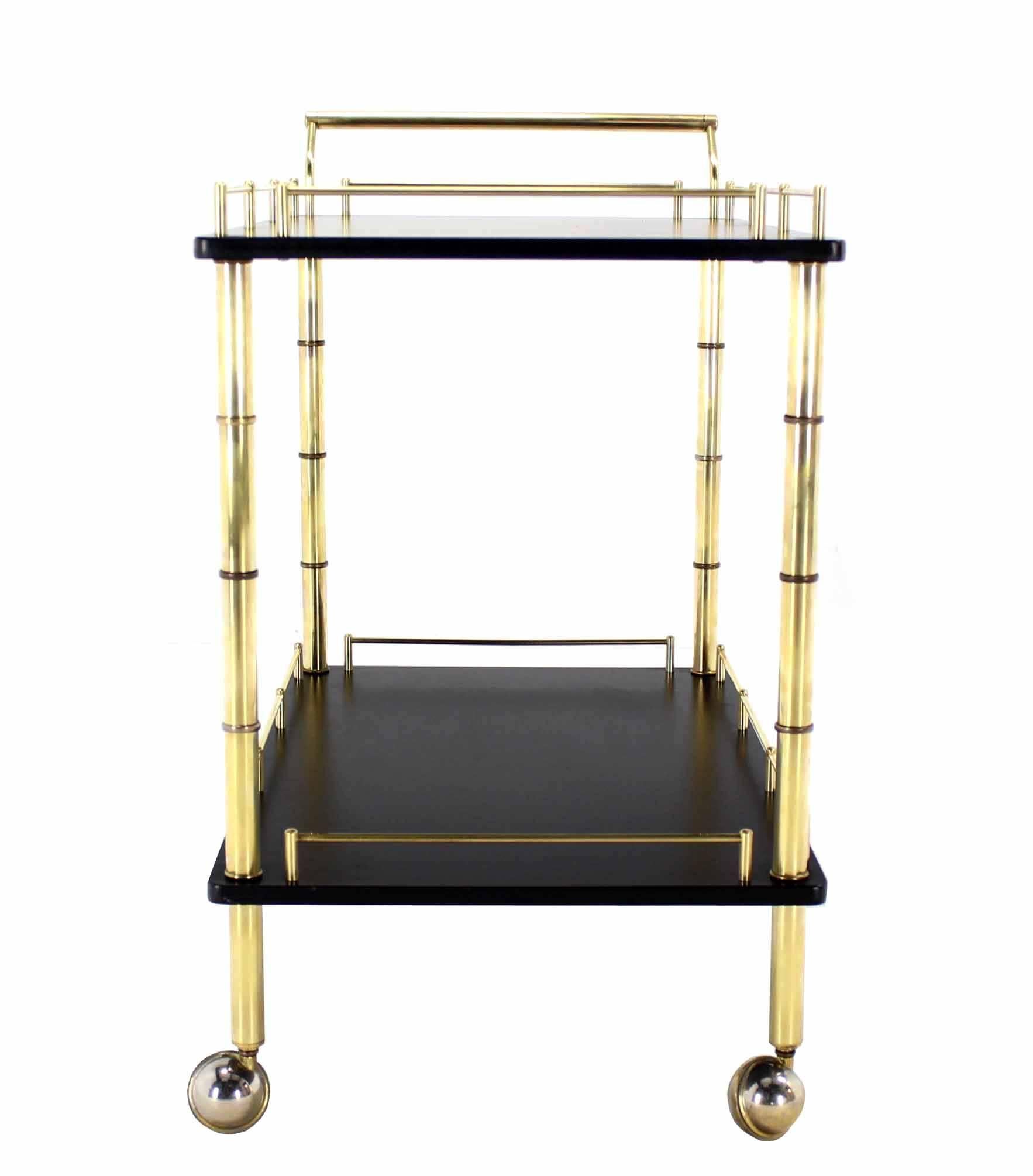 Mid-Century Modern Faux Bamboo Brass Gallery Two Tier Rectangular Rolling Bar Tea Cart For Sale