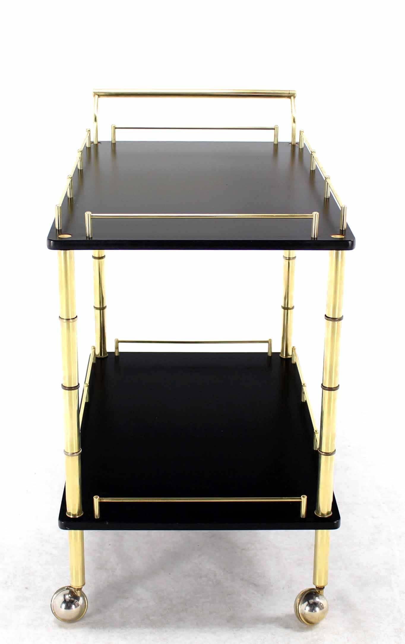 20th Century Faux Bamboo Brass Gallery Two Tier Rectangular Rolling Bar Tea Cart For Sale