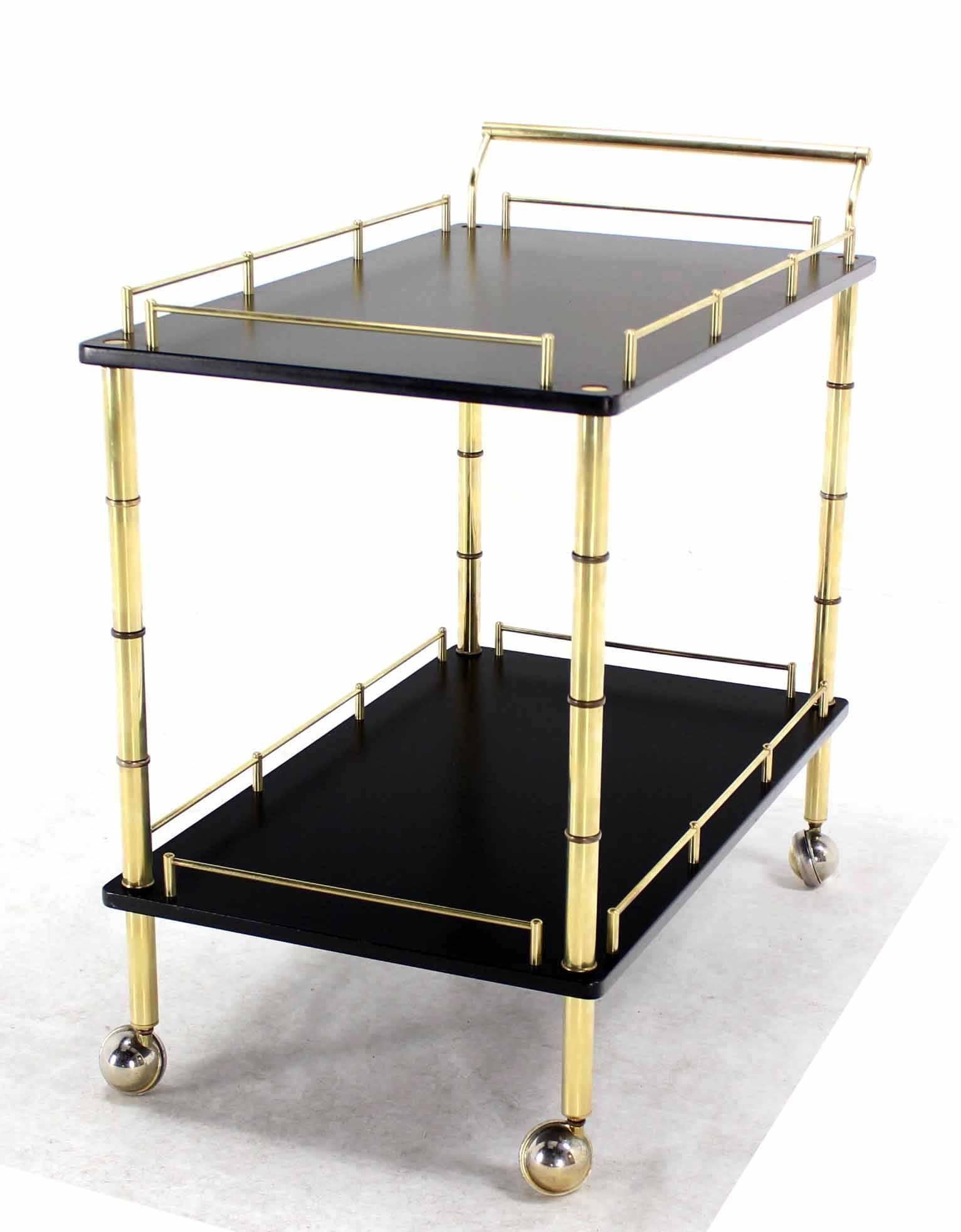 Faux Bamboo Brass Gallery Two Tier Rectangular Rolling Bar Tea Cart In Excellent Condition For Sale In Rockaway, NJ