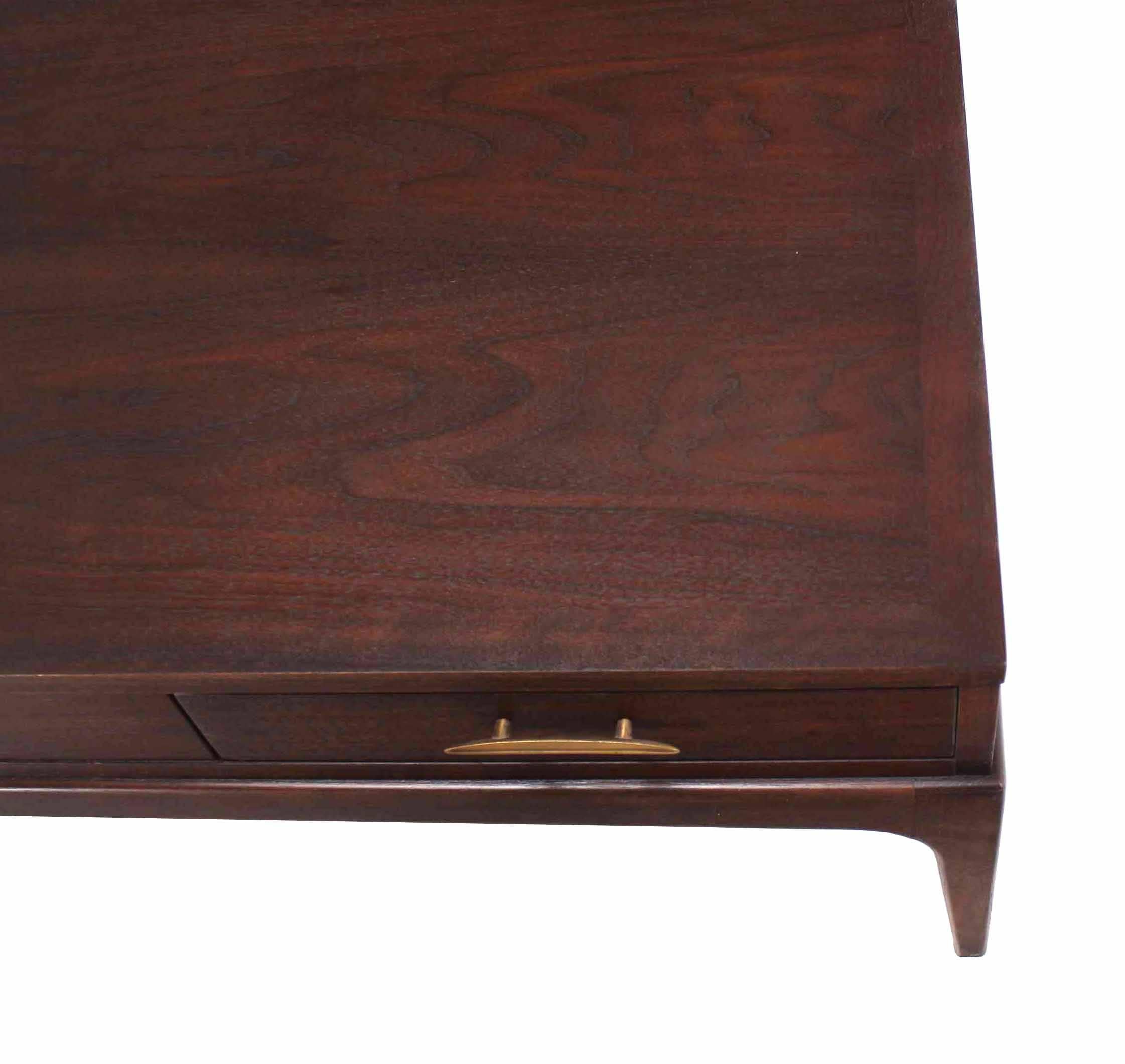 Lacquered Large Rectangle One-Drawer Storage Bin Mid Century Walnut Coffee Table MINT For Sale