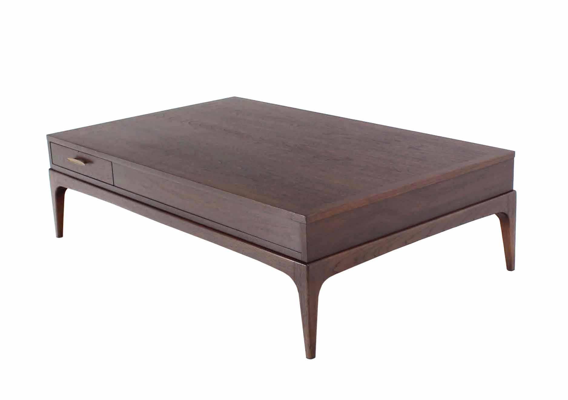 Large Rectangle One-Drawer Storage Bin Mid Century Walnut Coffee Table MINT For Sale 1