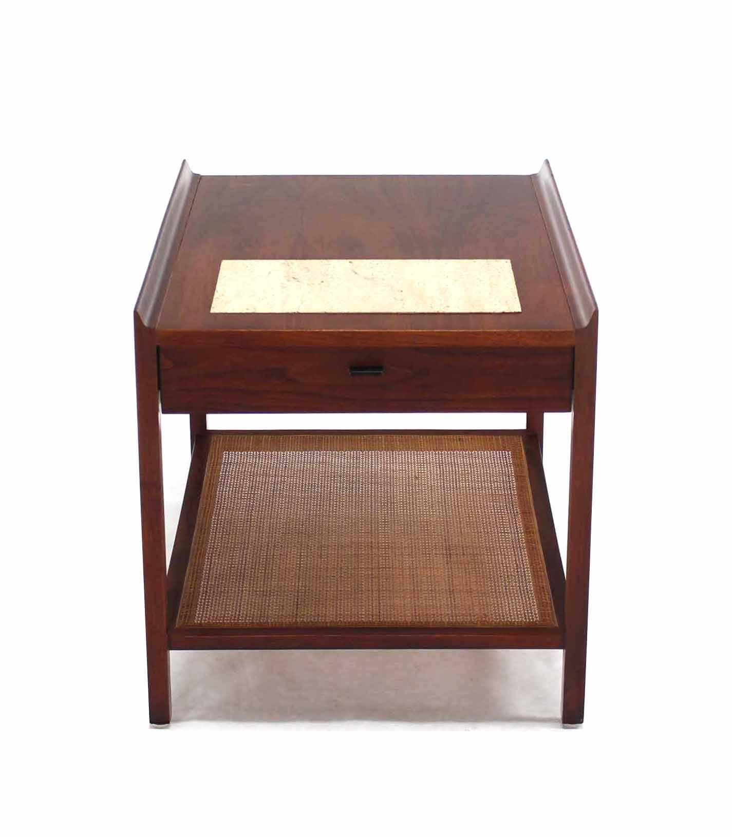Mid-Century Modern walnut one-drawer end side table nightstand with marble top insert.