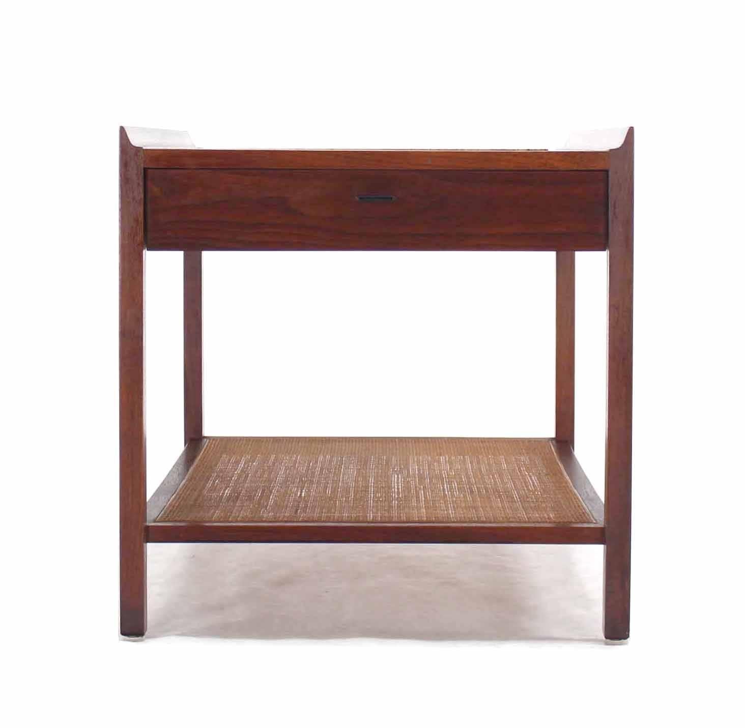 20th Century Walnut Side End Table with Travertine Insert & Cane Shelf