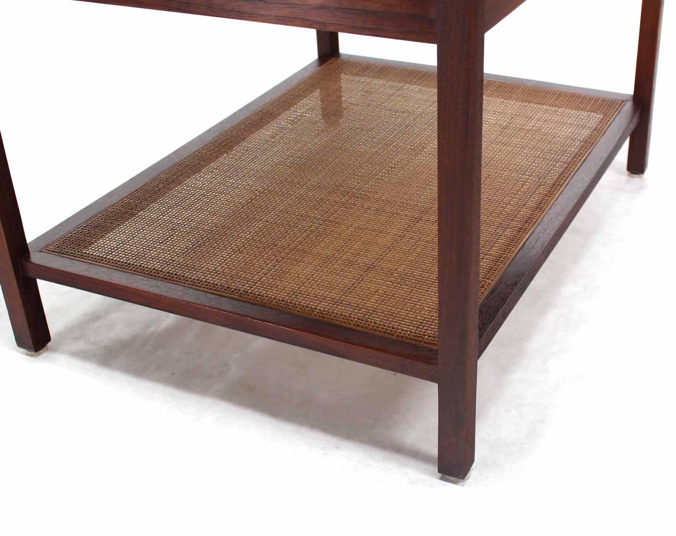 Lacquered Walnut Side End Table with Travertine Insert & Cane Shelf