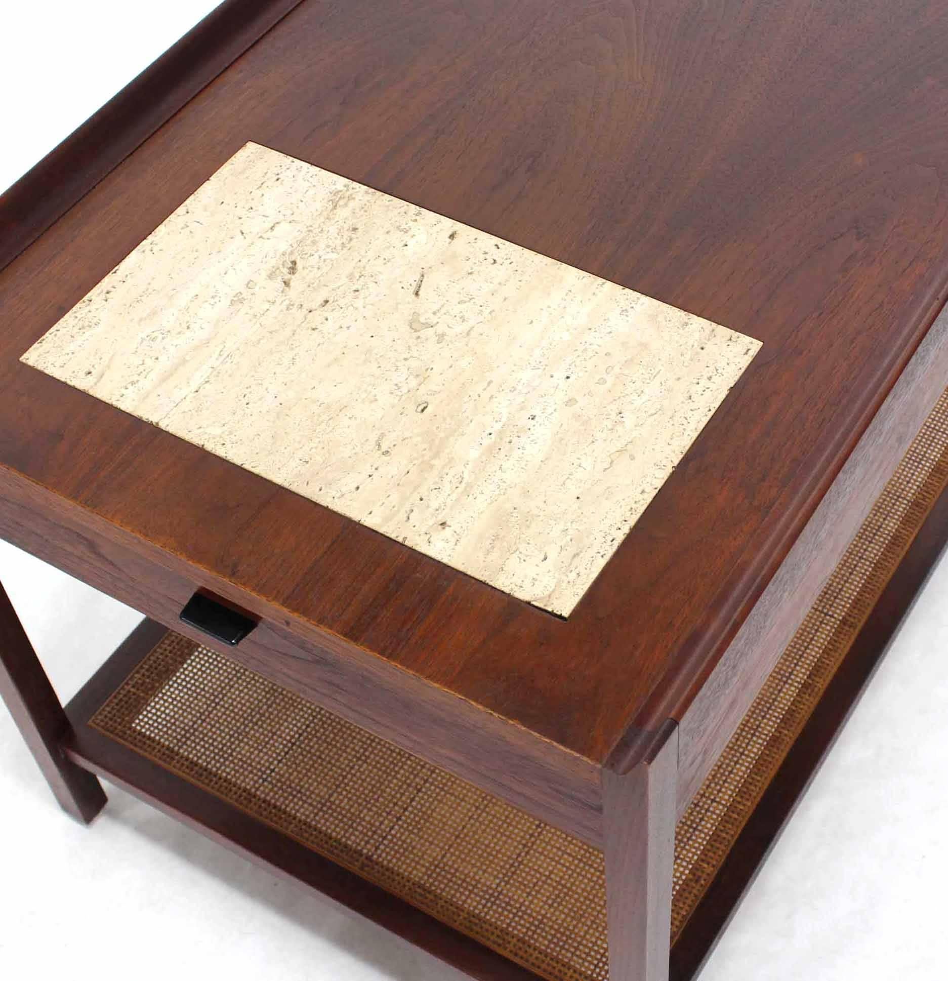 Mid-Century Modern Walnut Side End Table with Travertine Insert & Cane Shelf