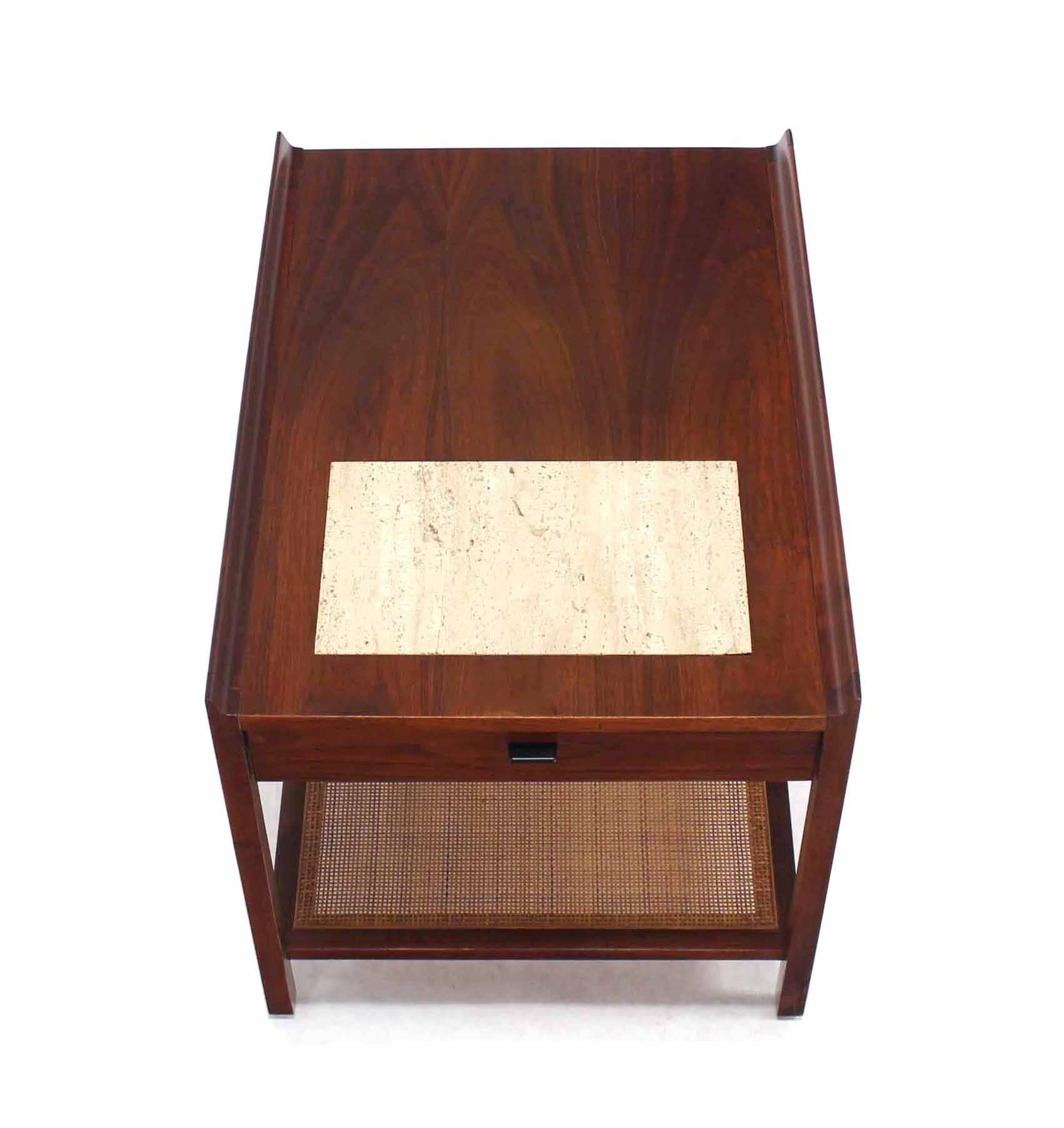Walnut Side End Table with Travertine Insert & Cane Shelf In Excellent Condition In Rockaway, NJ