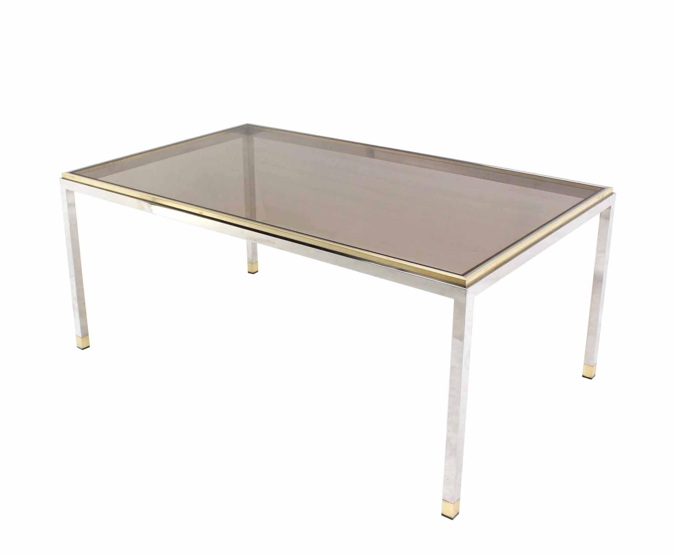 Mid-Century Modern Brass Chrome Smoked Glass Top Rectangular Dining Table For Sale