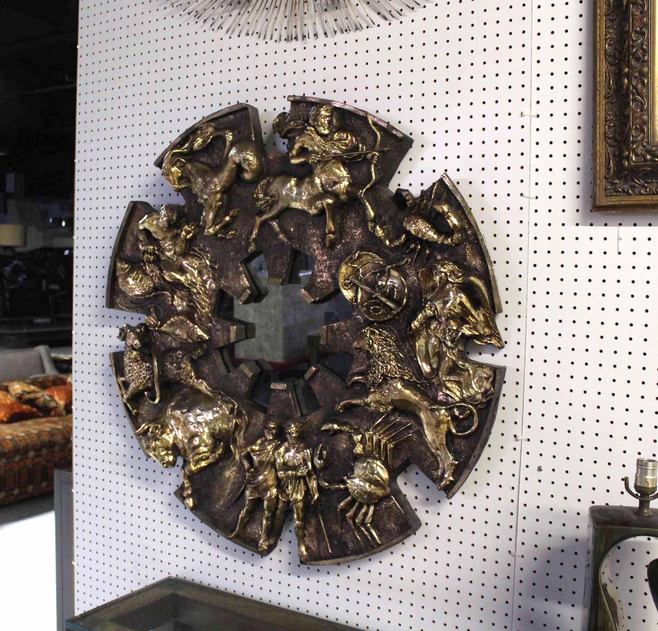 Bronzed Large Round Zodiac Sunburst Wall Mirror