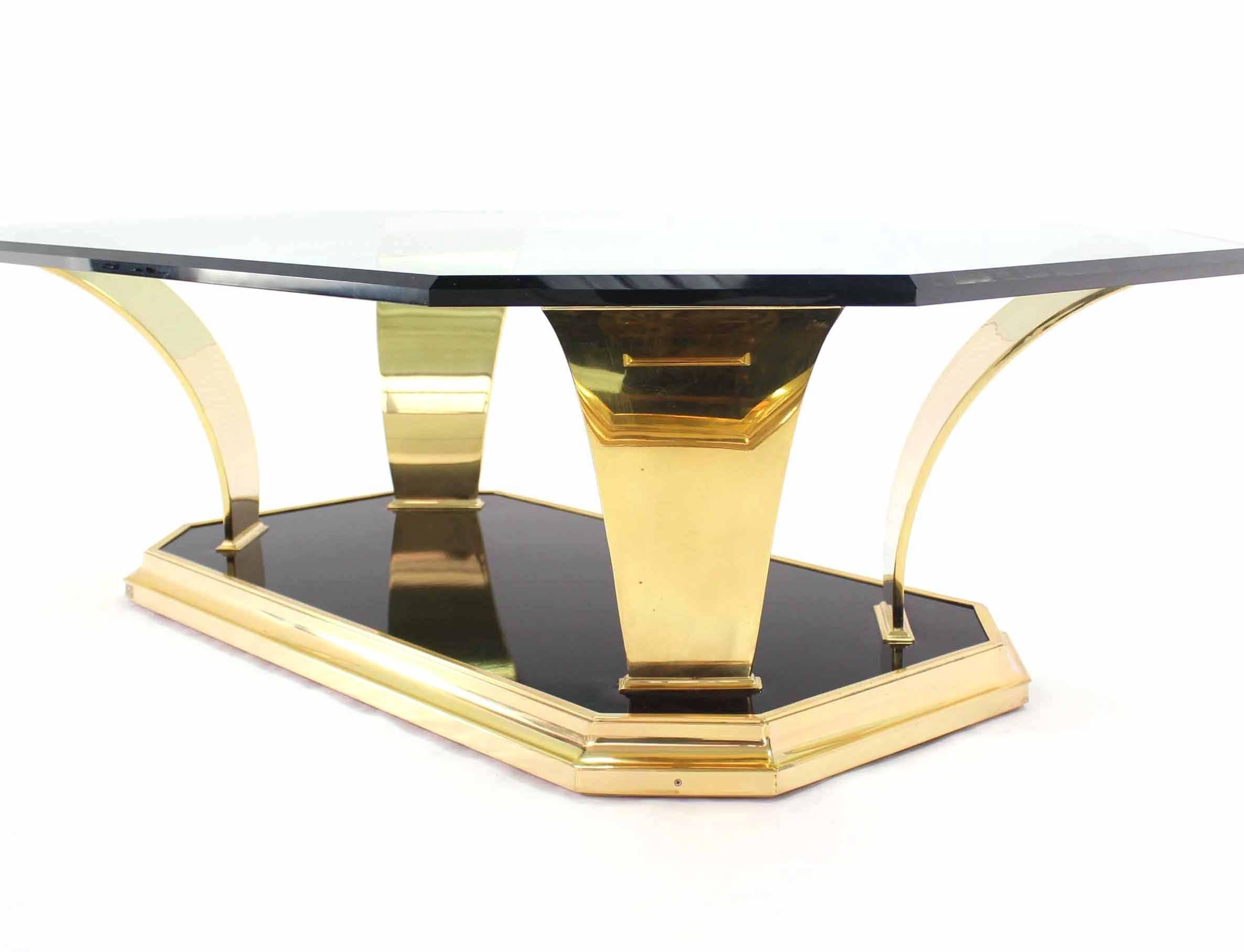 Polished Brass Modern Leaf Motif Base and Glass Top Rectangular Coffee Table For Sale