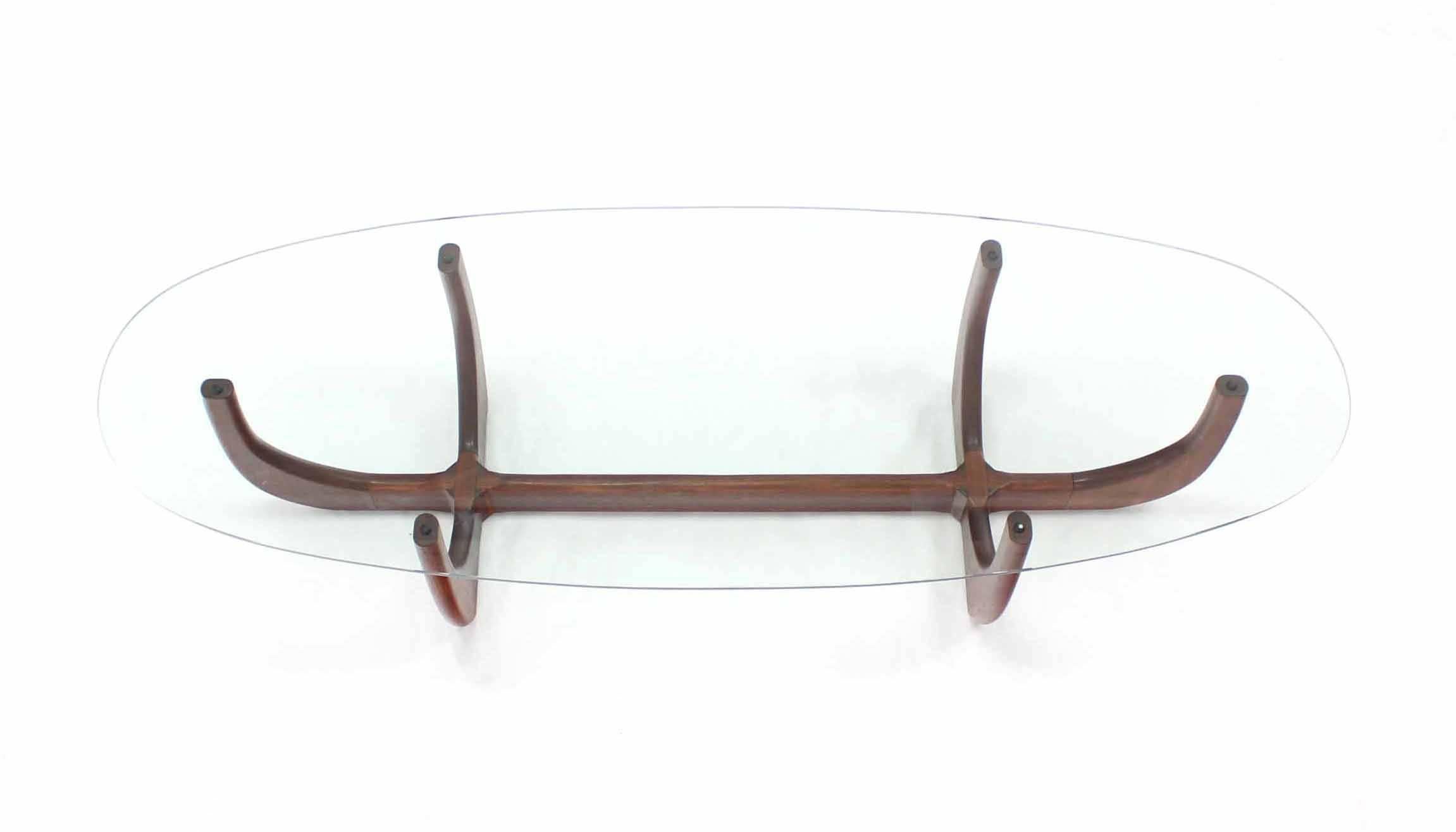 Lacquered Midcentury Oval Glass Top Sculptured Walnut Base Coffee Table