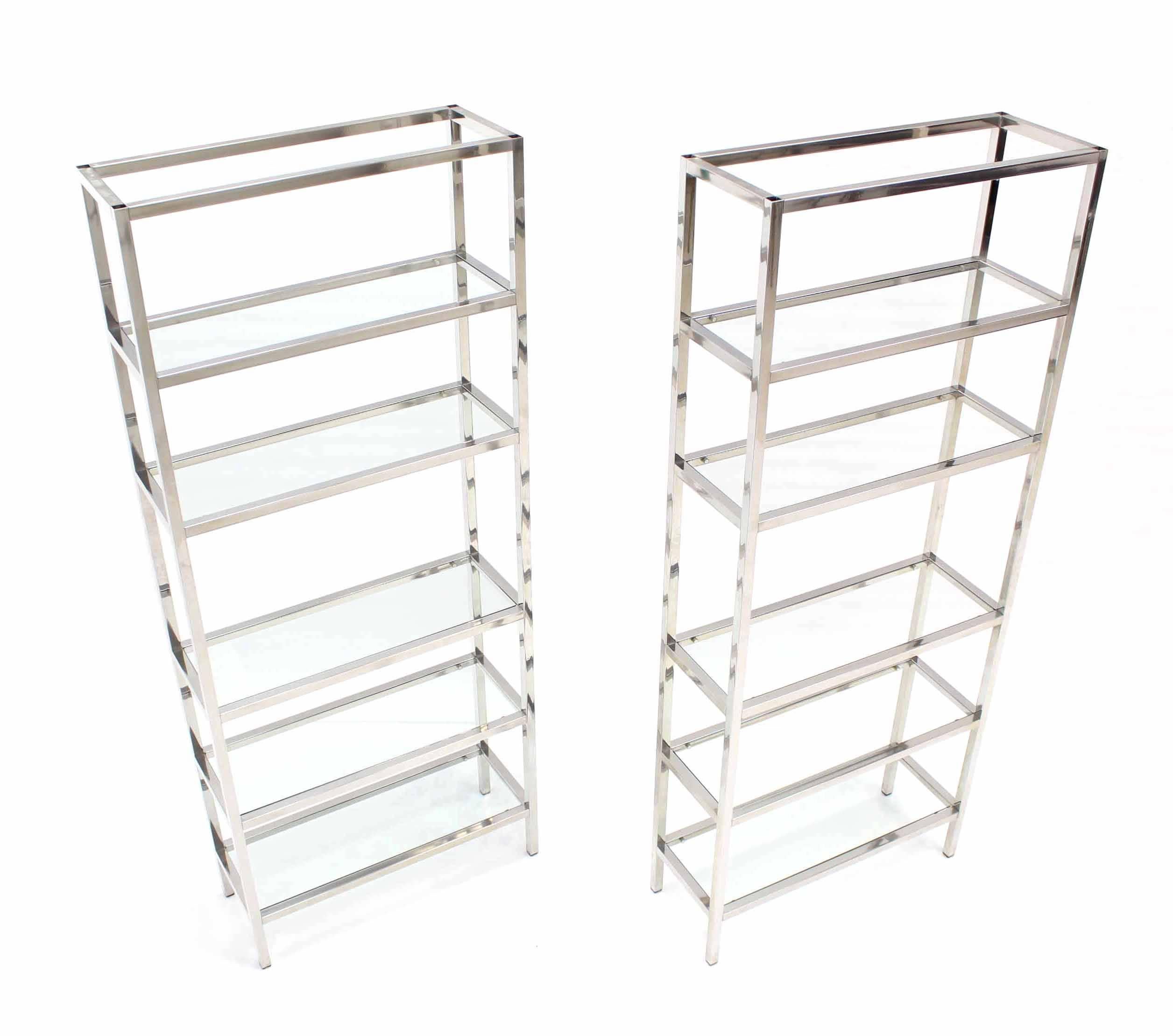 American Pair of Tall Glass 6 Tier Shelves Chrome Etageres 
