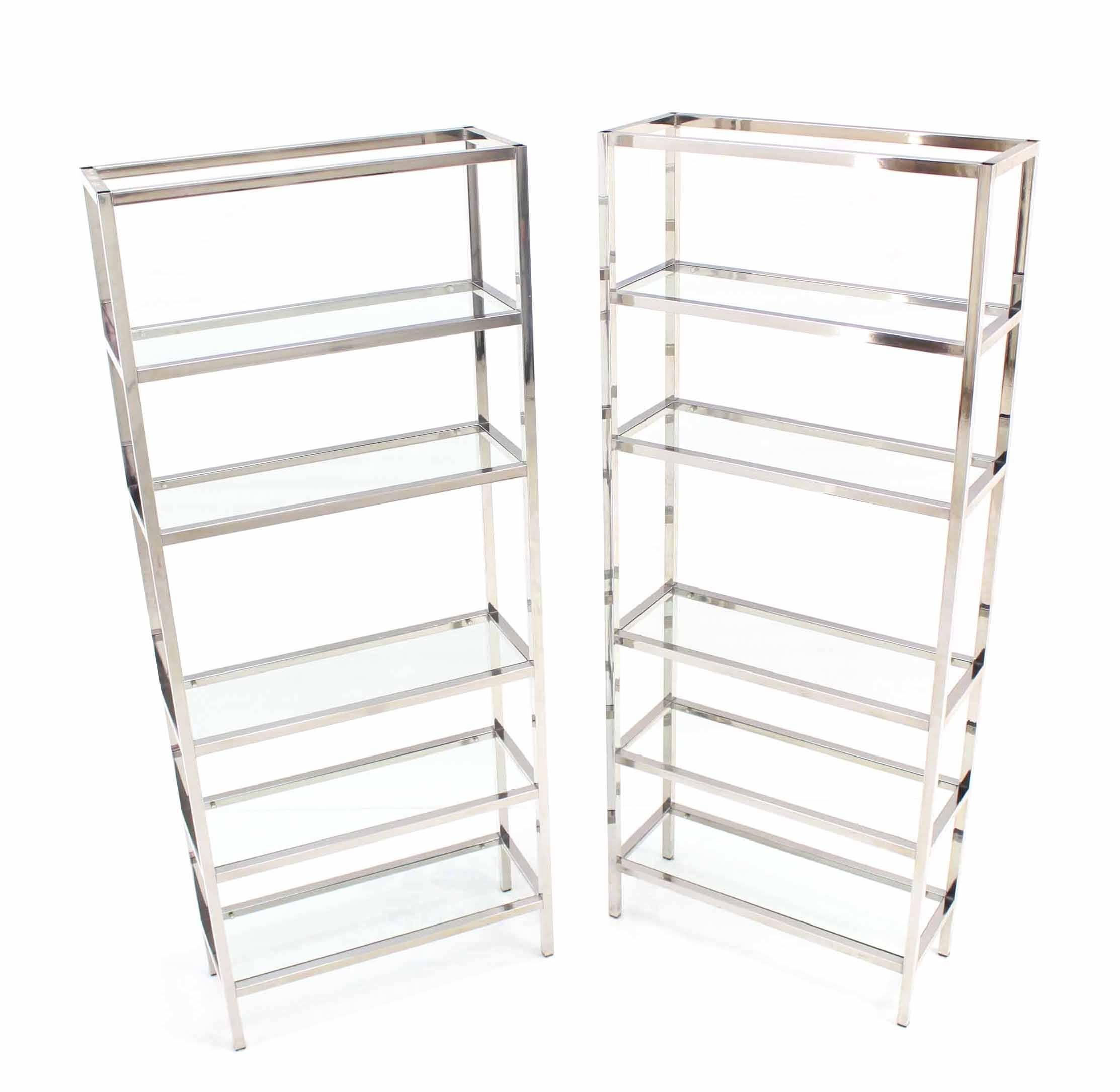 Pair of Mid-Century Modern chrome étagerés shelves bookcases.