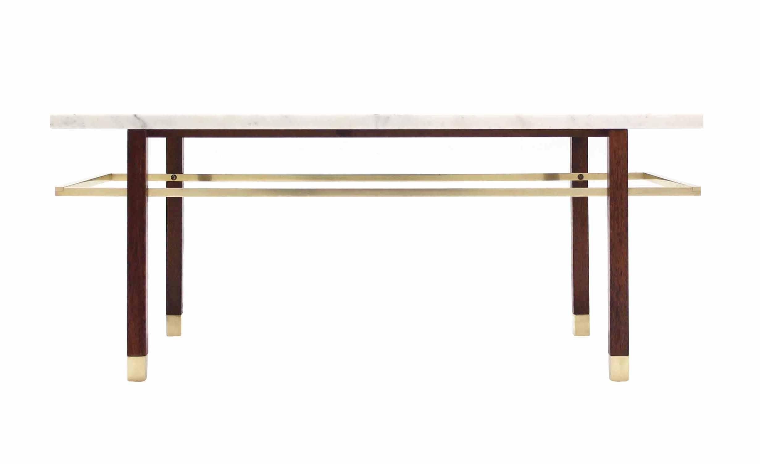 Soudé Harvey Probber table basse rectangulaire avec plateau en marbre et traverse rectangulaire en laiton en vente