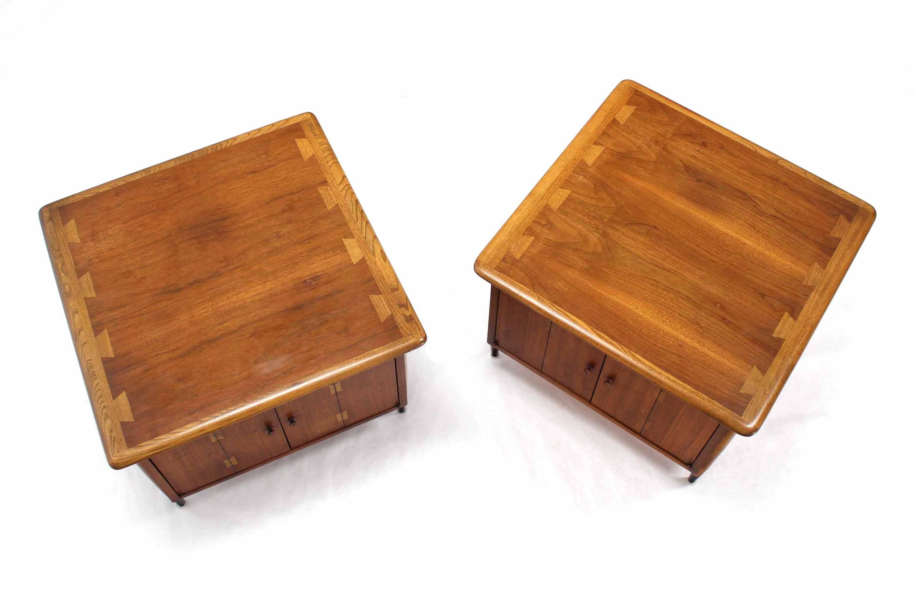 Nice Mid-Century Modern large square walnut end tables with storage cabinets.