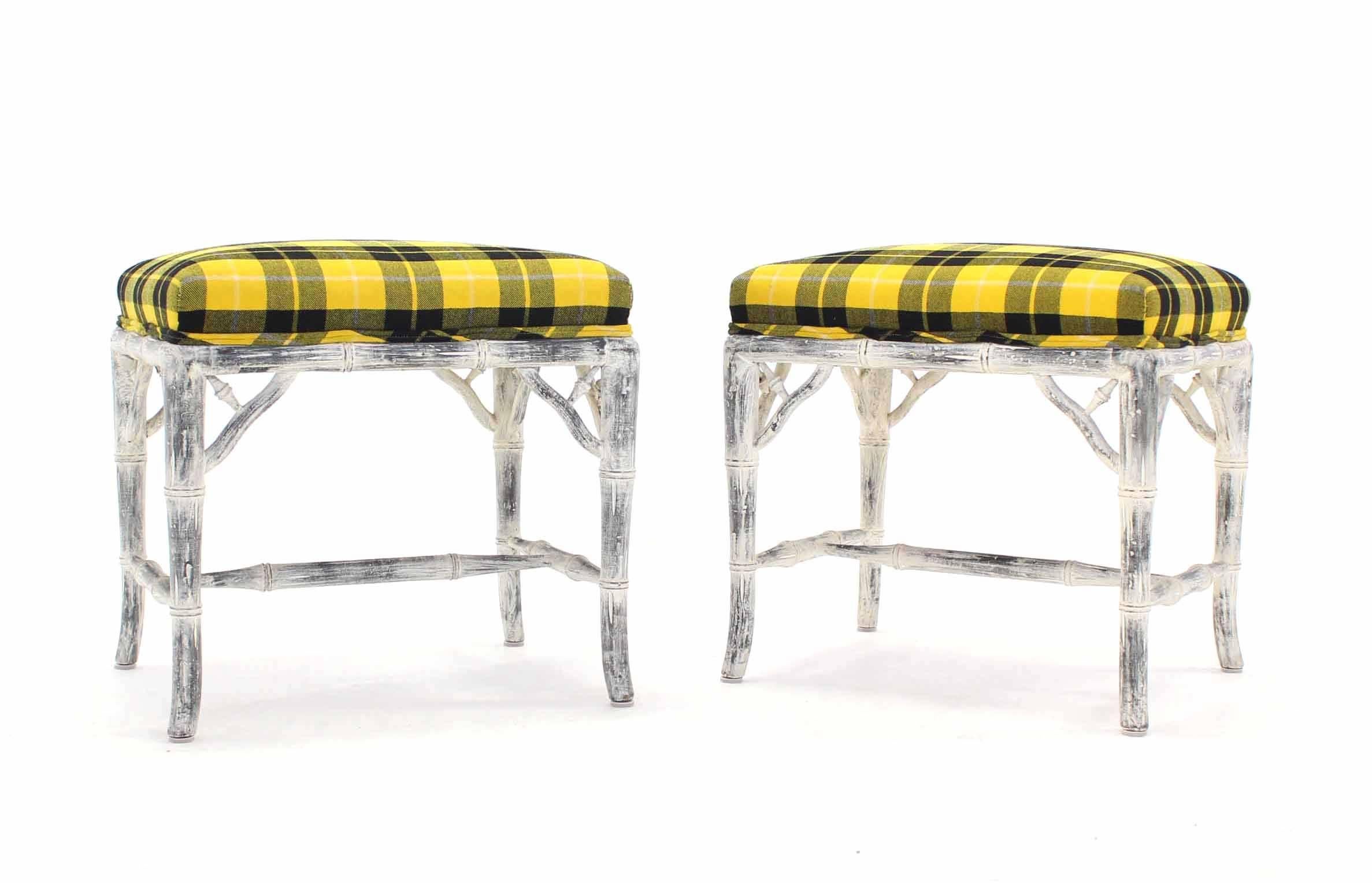 Pair of mid century modern white wash painted faux bamboo benches.