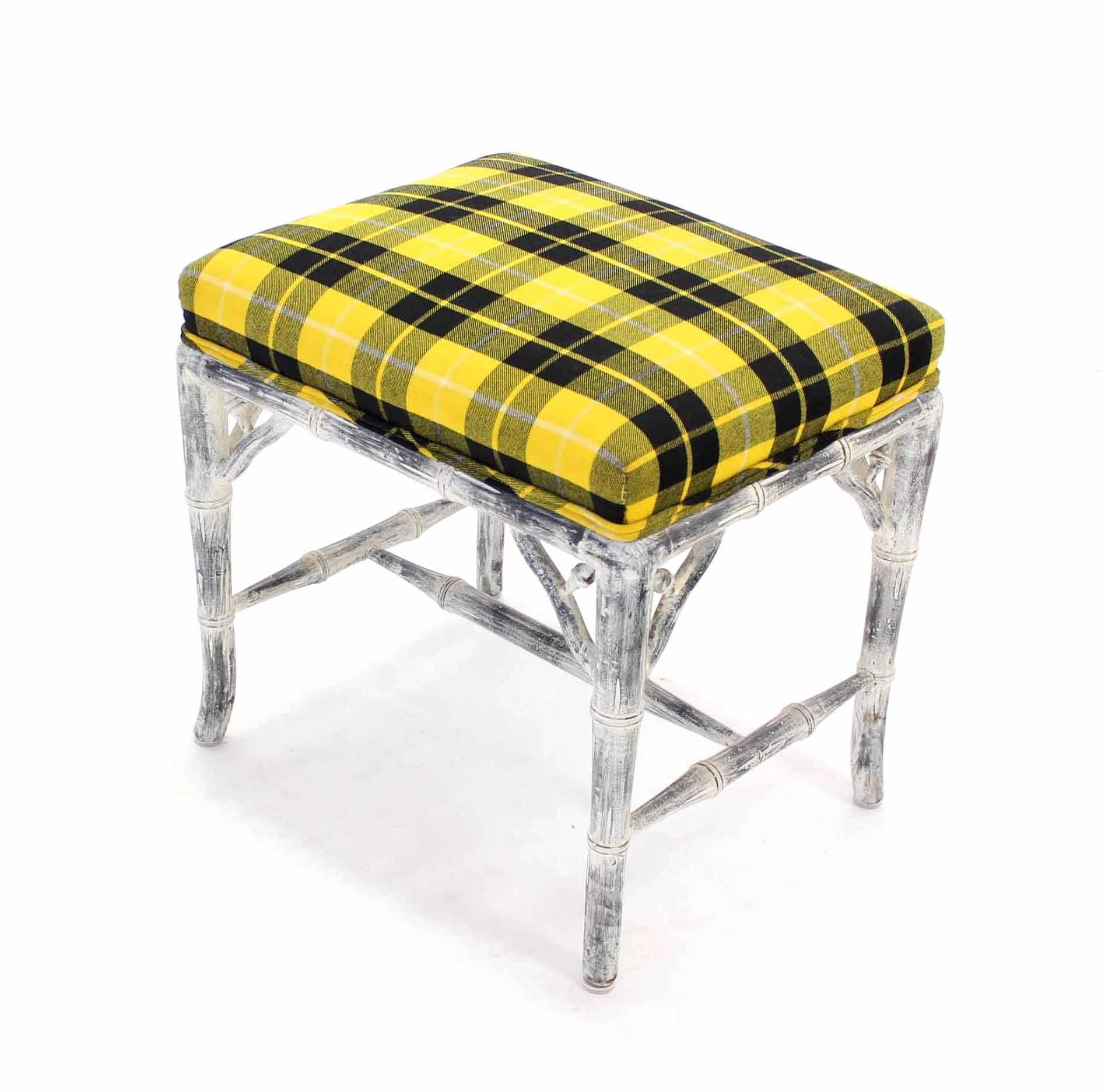 Mid-Century Modern Pair of Faux Bamboo White Wash Finish Yellow Black Plaid Upholstery Benches For Sale