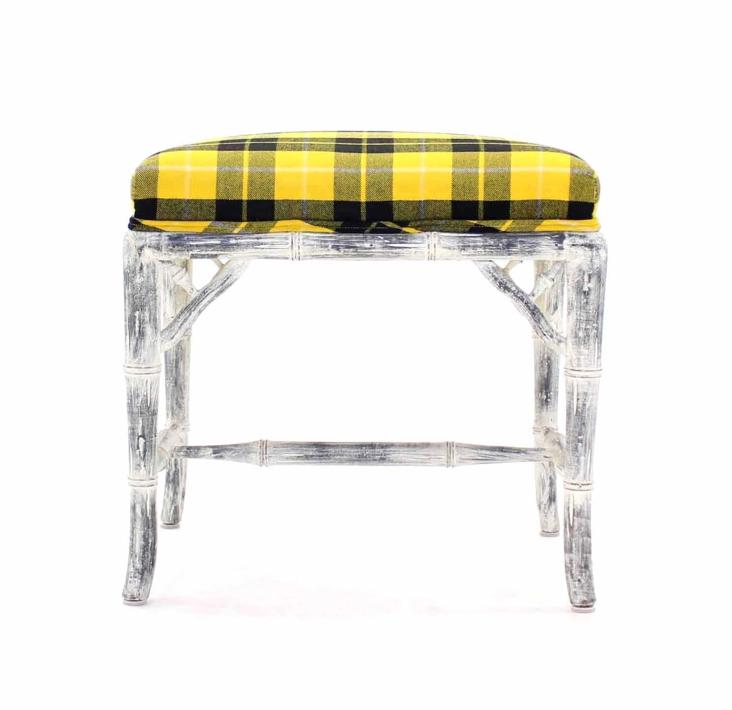 American Pair of Faux Bamboo White Wash Finish Yellow Black Plaid Upholstery Benches For Sale