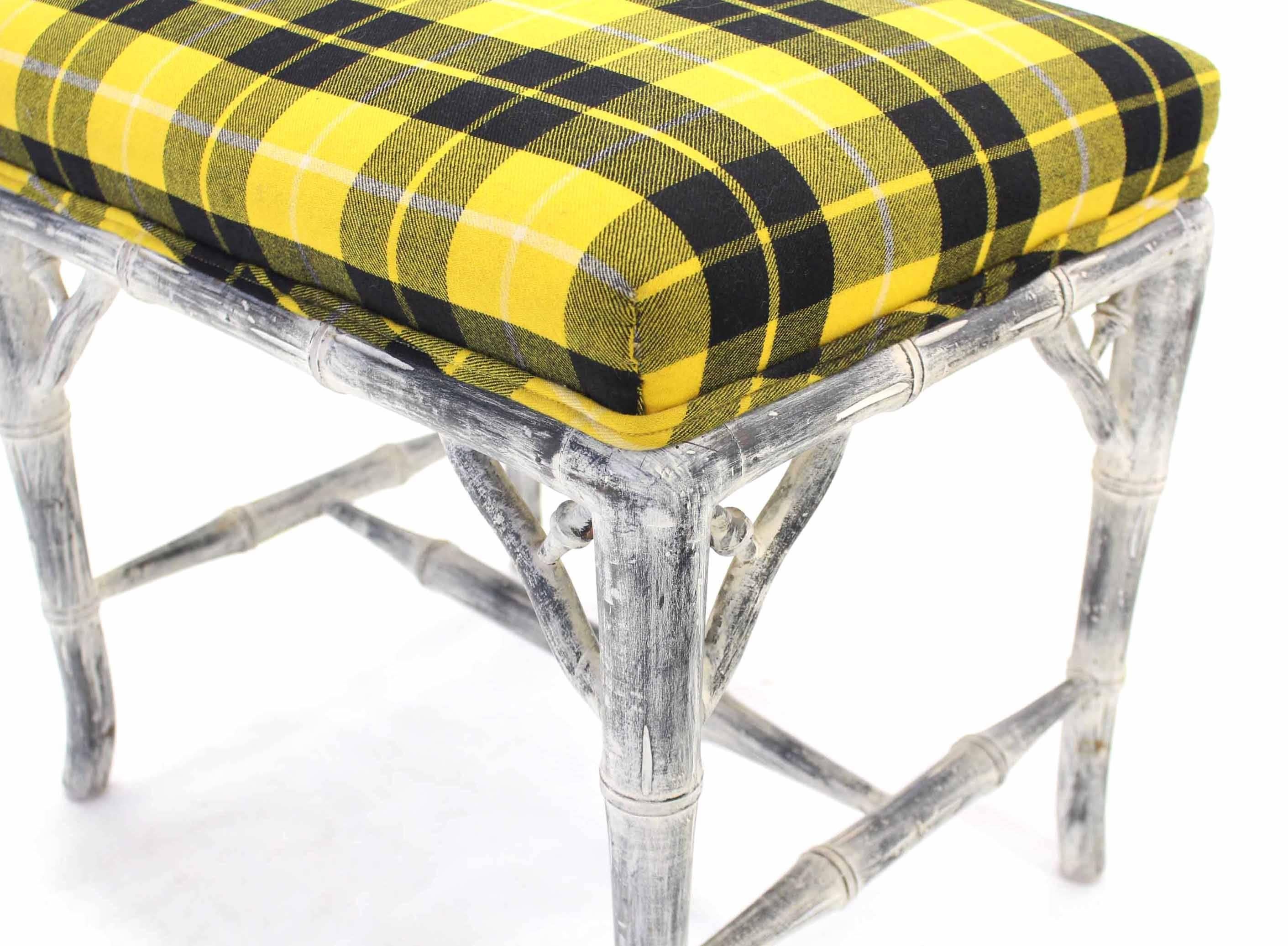 Painted Pair of Faux Bamboo White Wash Finish Yellow Black Plaid Upholstery Benches For Sale